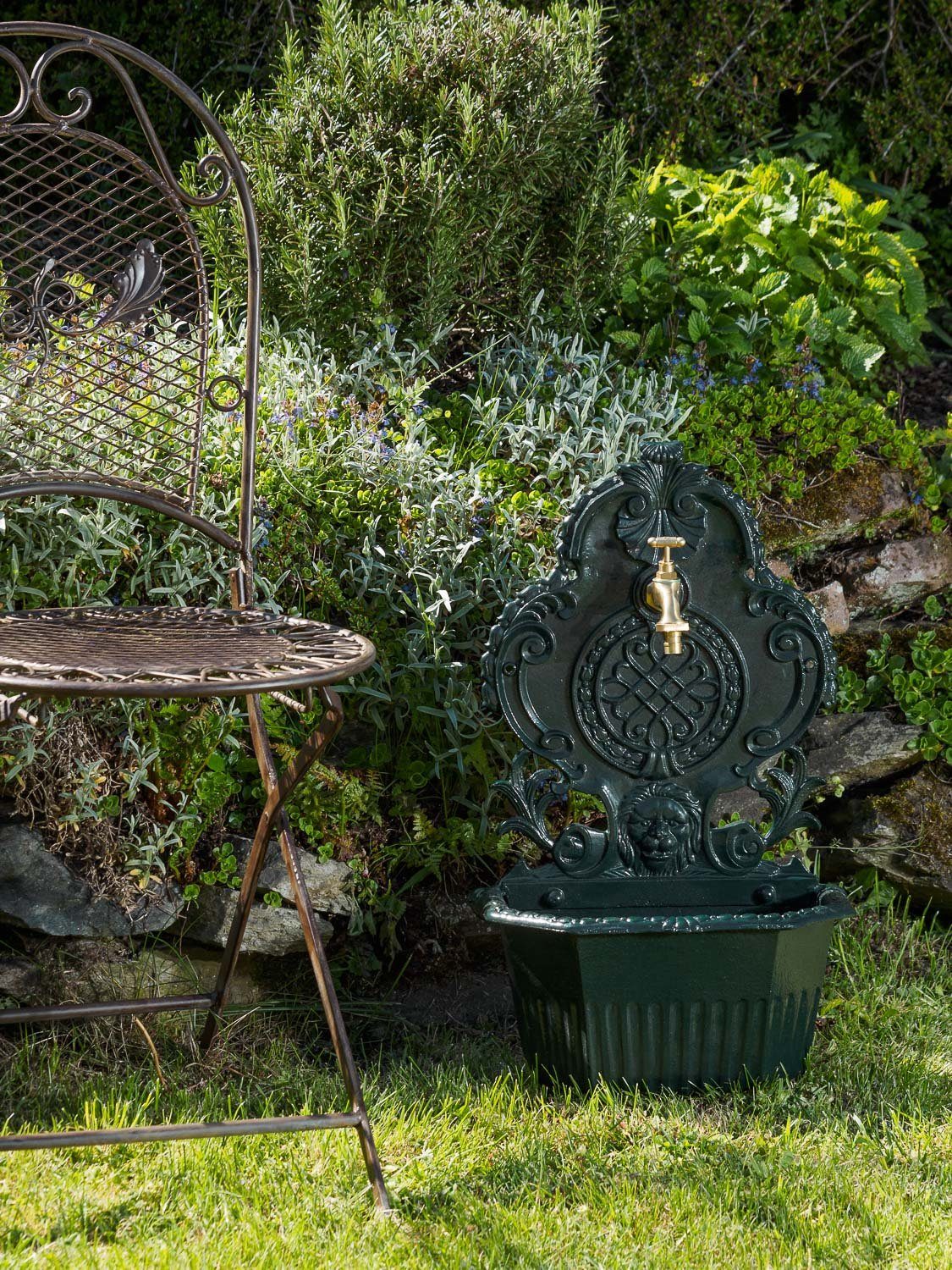 Brunnen antik Gartenbrunnen Löwe Wandbrunnen Stil Becken Alu Garten grün Waschbecken Aubaho