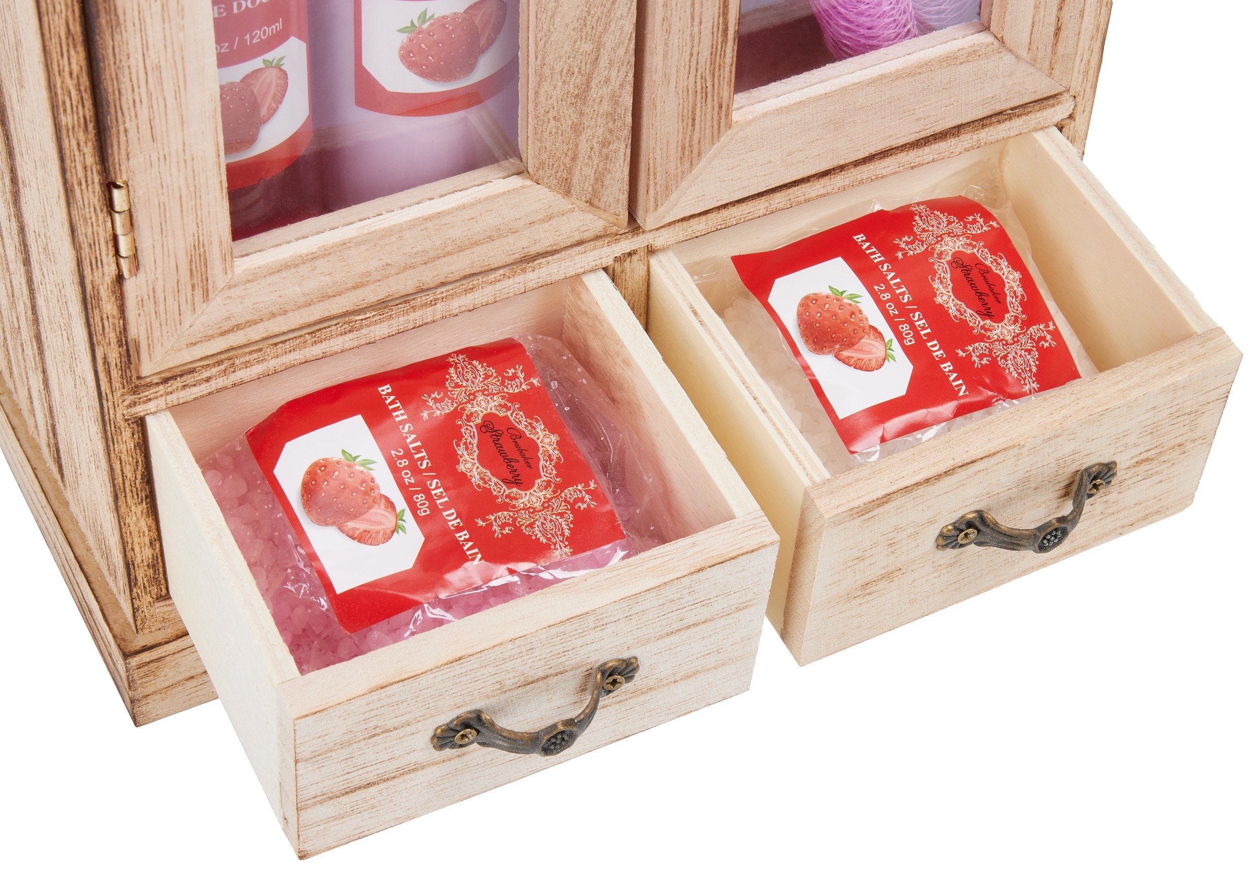 BRUBAKER Hautreinigungs-Set Bade- und Dusch Set, Pflegeset mit Erdbeer Duft, 10-tlg., Damen Beauty Geschenkset im Vintage-Schränkchen, Badeset