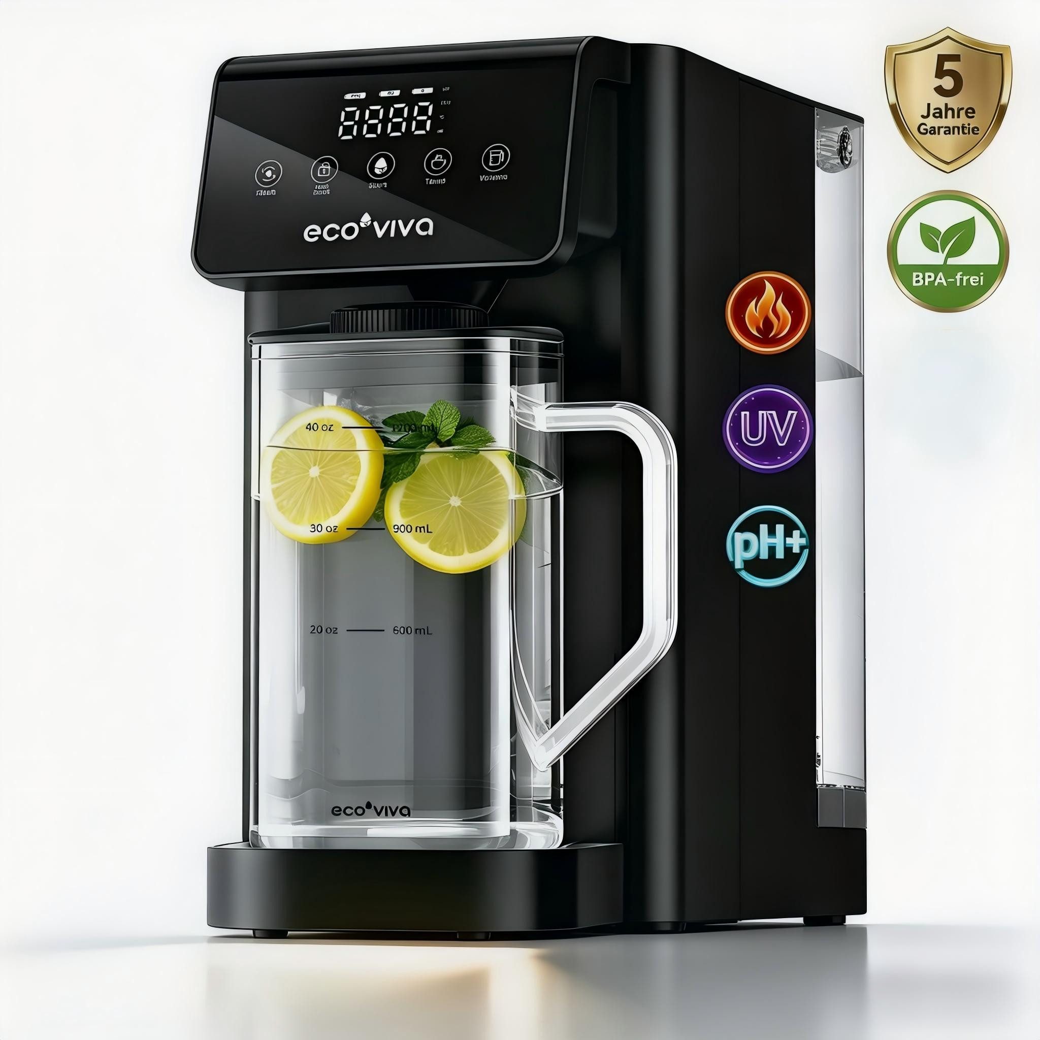 Ecoviva Wasserfilter MATE5 Auftisch Osmoseanlage Trinkwasser mit Heißwasserfunktion, 8-Stufen-Filter, 5 Temperaturen, inkl. 1.2L Glaskaraffe