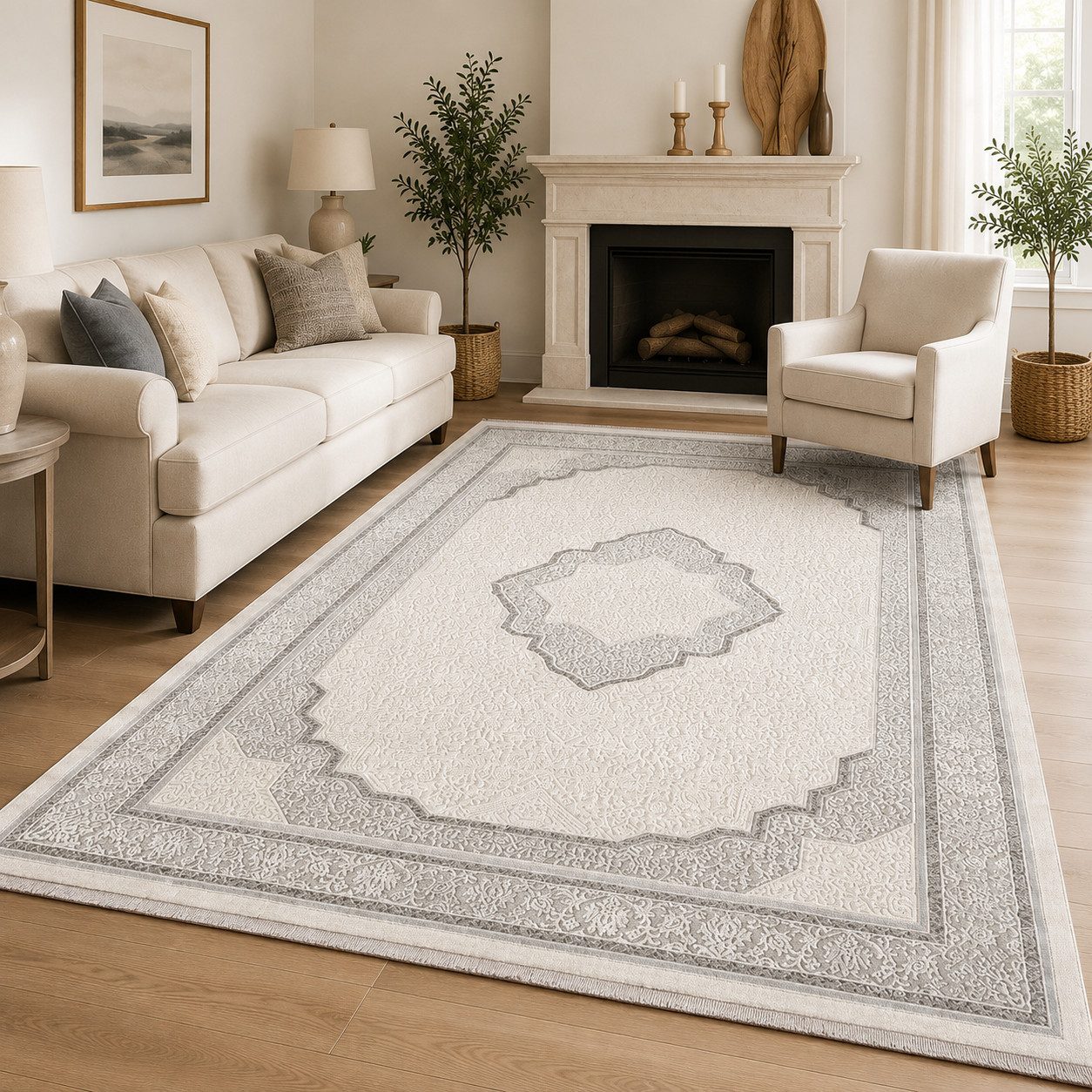 Carpetilla Designteppich Designer Wohnzimmer Teppich Orientisch Rechtetig modern Grau_Cream, Rechtetig, Höhe: 15 mm, Farbecht
