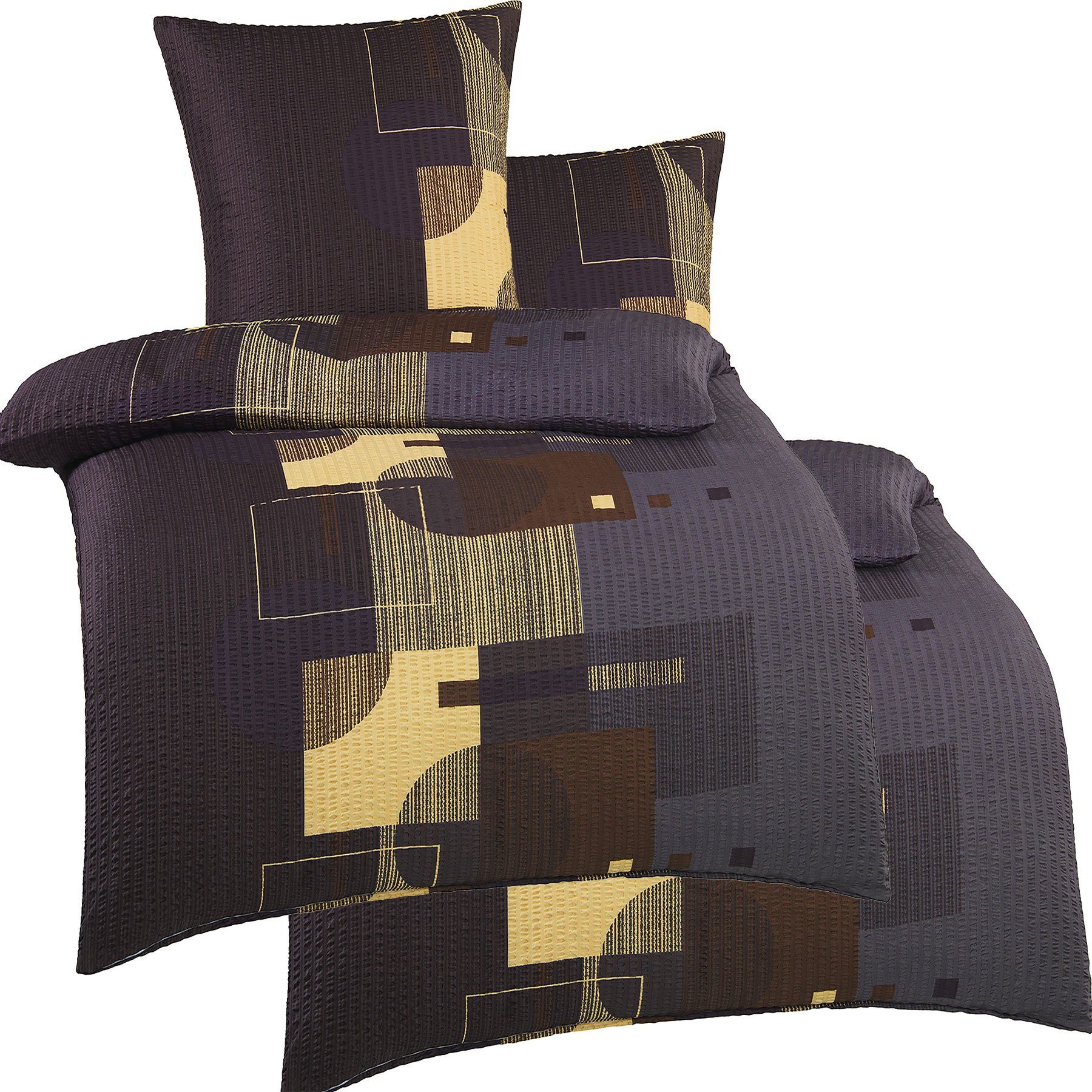 KH-Haushaltshandel Bettwäsche Seersucker Bettwäsche 2x(135x200+80x80cm), grau schwarz beige, Seersucker, 4 teilig, dunkeles Dessin, grafisch gemustert, bügelfrei