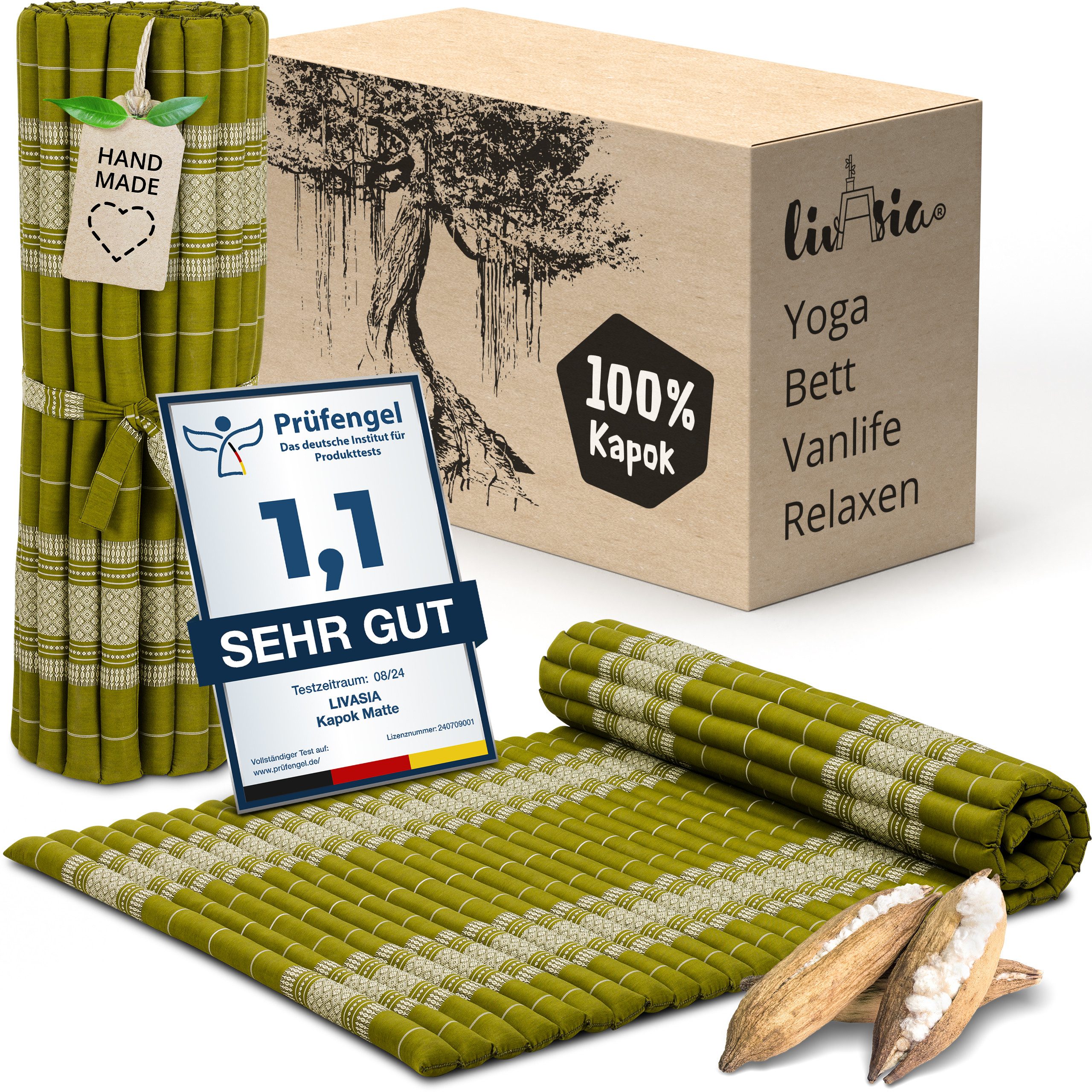 Naturmatratze Rollmatte 110 cm - 200x110x4,5cm, livasia, 4,5 cm hoch, Kapok, vegan, handgefertigt