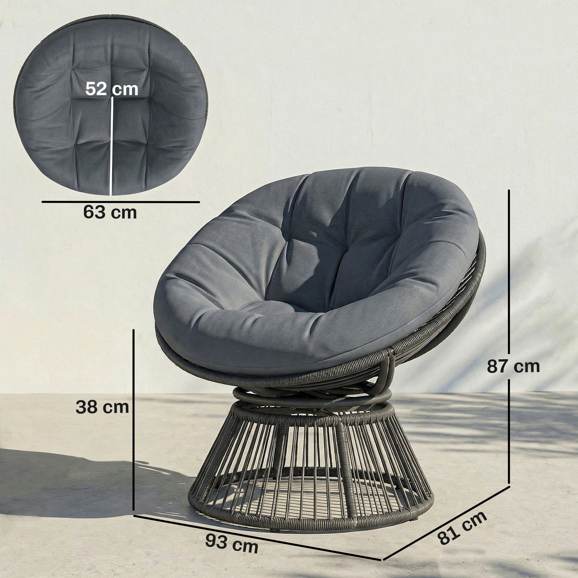 Outsunny Gartensessel runder Rattansessel Loungesessel aus Polyrattan für Wohnzimmer (Korbsessel, 1-St., Papasansessel), Grau