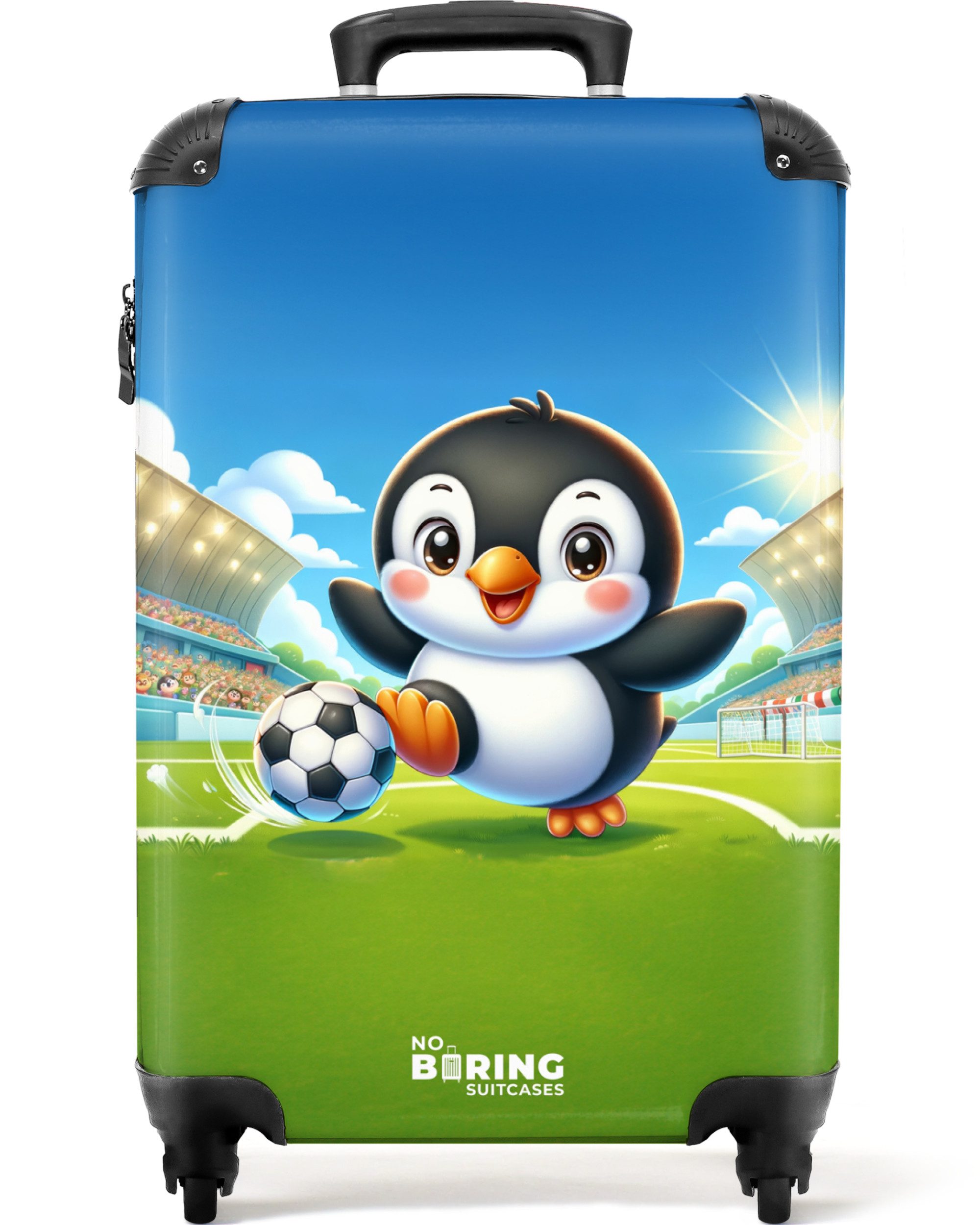 NoBoringSuitcases.com© Kinderkoffer Pinguin mit Fußball in einem Stadion 55x35x20cm, Handgepäck Koffer, Hartschalenkoffer Kinder, Reisekoffer Jungen