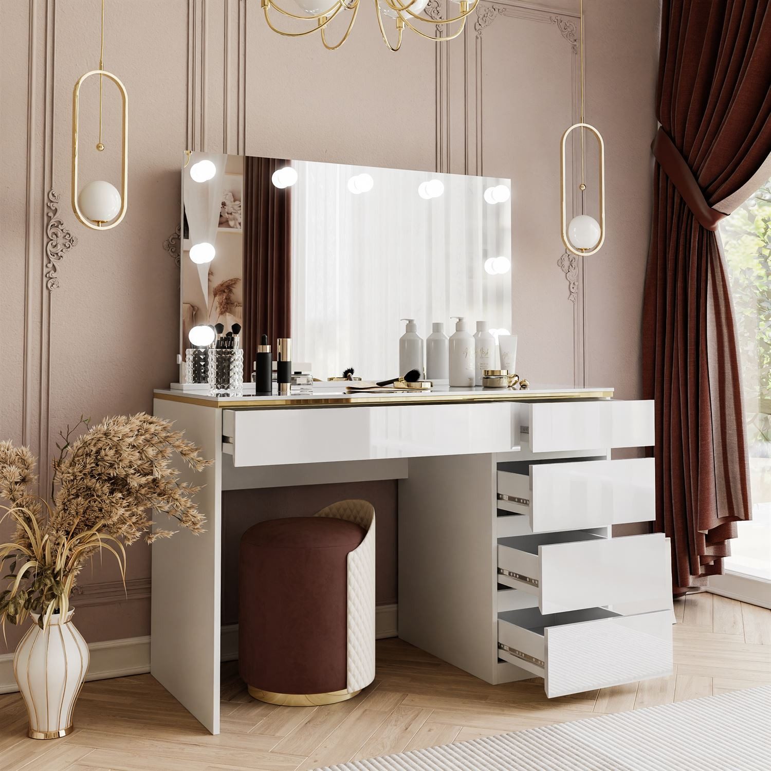 Lookway Schminktisch AURORA II ELITE mit Spiegel und Beleuchtung (1x Schreibtisch 1x Spiegel), 120x78,5x55 cm – Bild 3 von 5