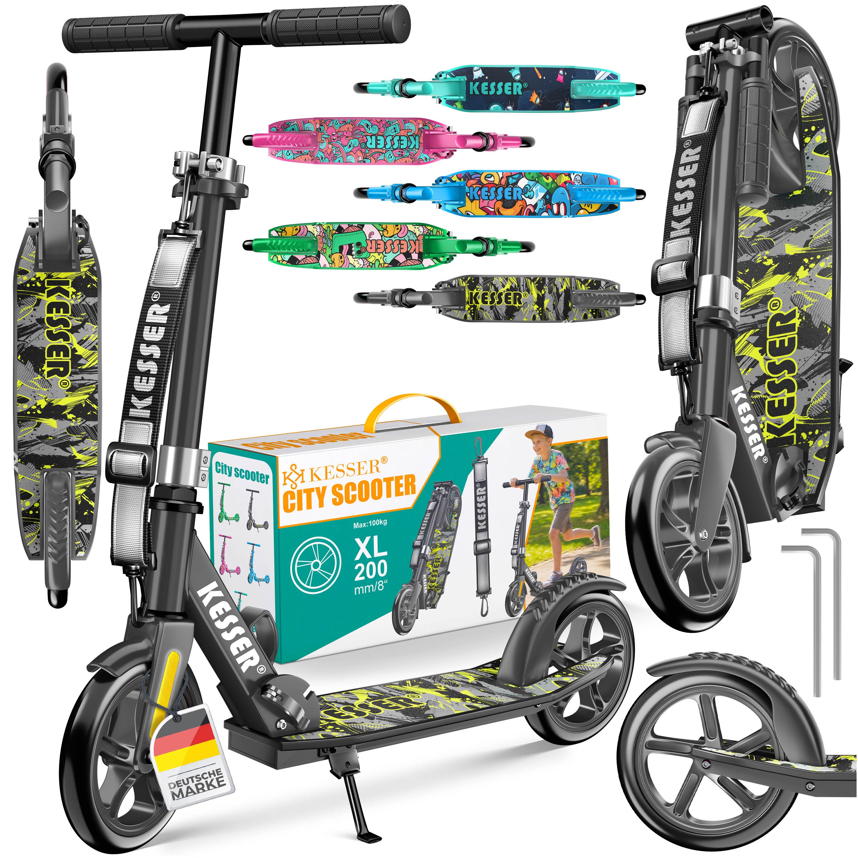 KESSER Scooter mit Hinterradbremse & rutschfeste Trittfläche, bis 100kg & 185cm Körpergröße, klappbar höhenverstellbar