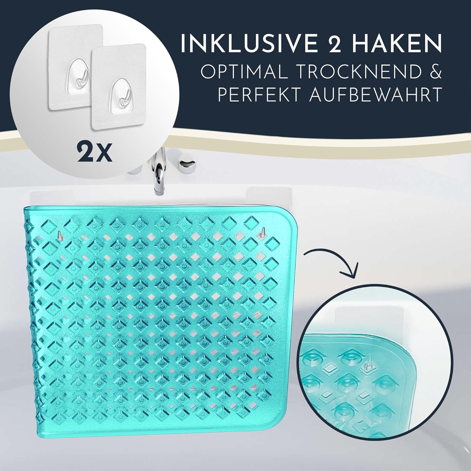 Homerella Badematte rutschfest Hautsensitiv 88x39cm, INKL. AUFHÄNGUNG, Antirutschmatte Badewanne BPA frei, Duschmatte schimmelresistent & maschinenwaschbar – Bild 3 von 5