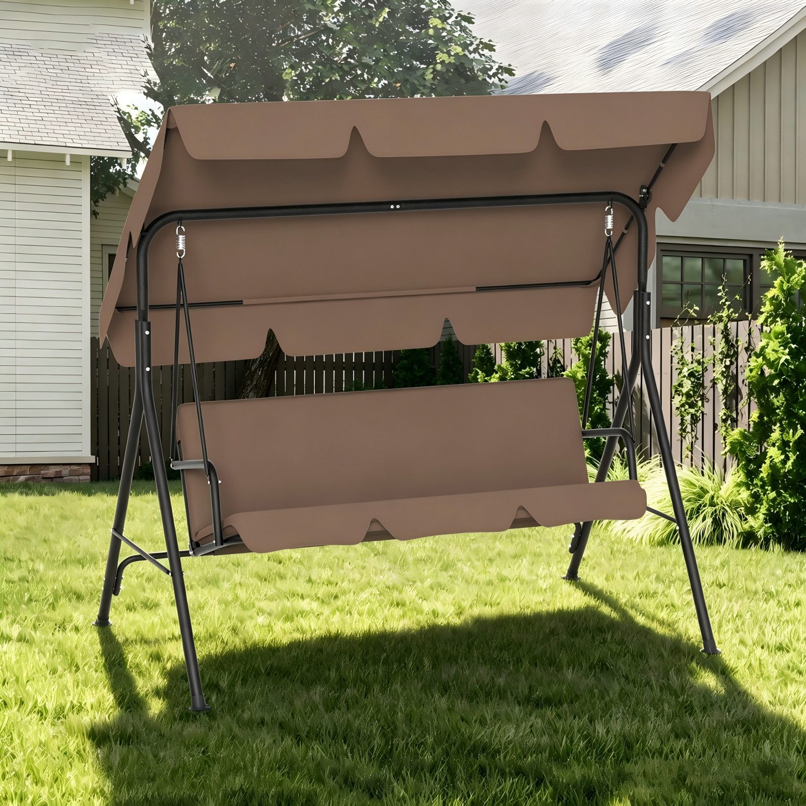 FIVMEN Hollywoodschaukel Gartenschaukel 3-Sitzer mit Verstellbarem Sonnendach weichem Kissen, 193x110x152cm, Metall Hängeschaukel mit Verstellbarem Sonnendach Liegefunktion