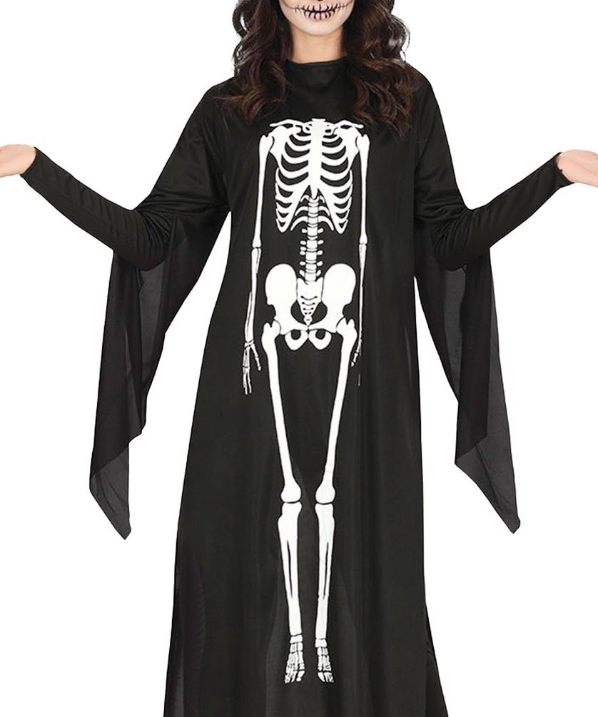 Karneval-Klamotten Kostüm Skelett Tunika Damen Einheitsgröße, Horror Damenkostüm Halloween Karneval