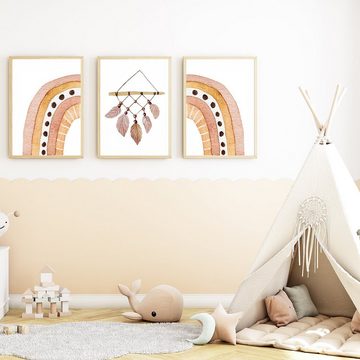 Tigerlino Poster Boho Regenbogen Feder 3er Set Kinderzimmer Wandbilder