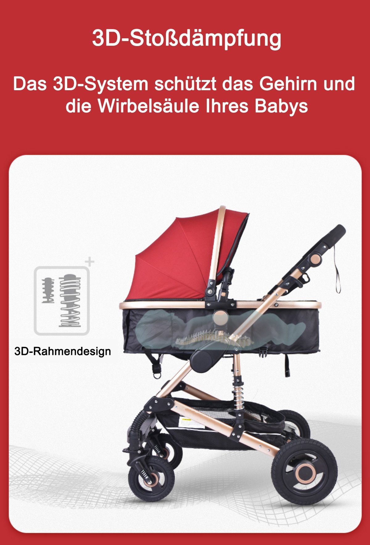 TPFFamily Kombi-Kinderwagen Babyschale Baby Buggy Babywanne 5-Punkt-Sicherheitsgurt Moskitonetz, Getränkehalter Kinderwagen 3 in 1 inkl. großem Zubehörset Khaki