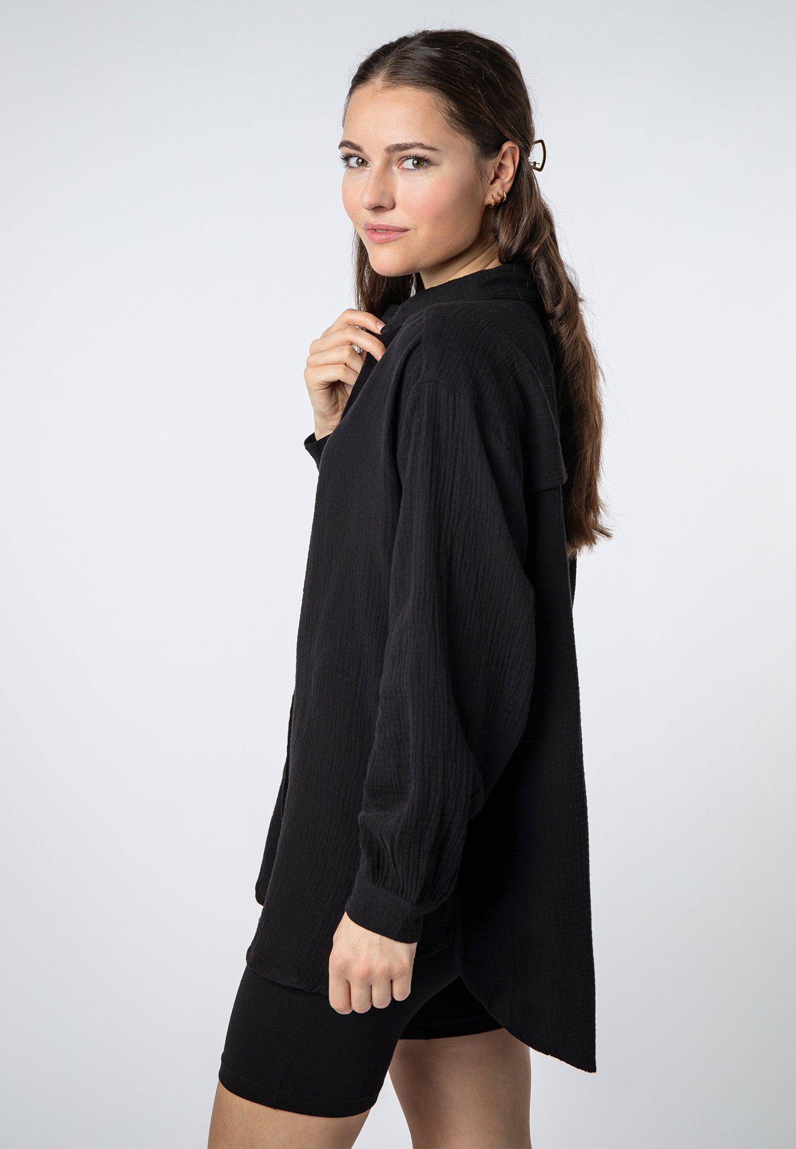 SUBLEVEL Langarmbluse Damen Musselinbluse langarm mit Kentkragen Oversizebluse aus Baumwolle