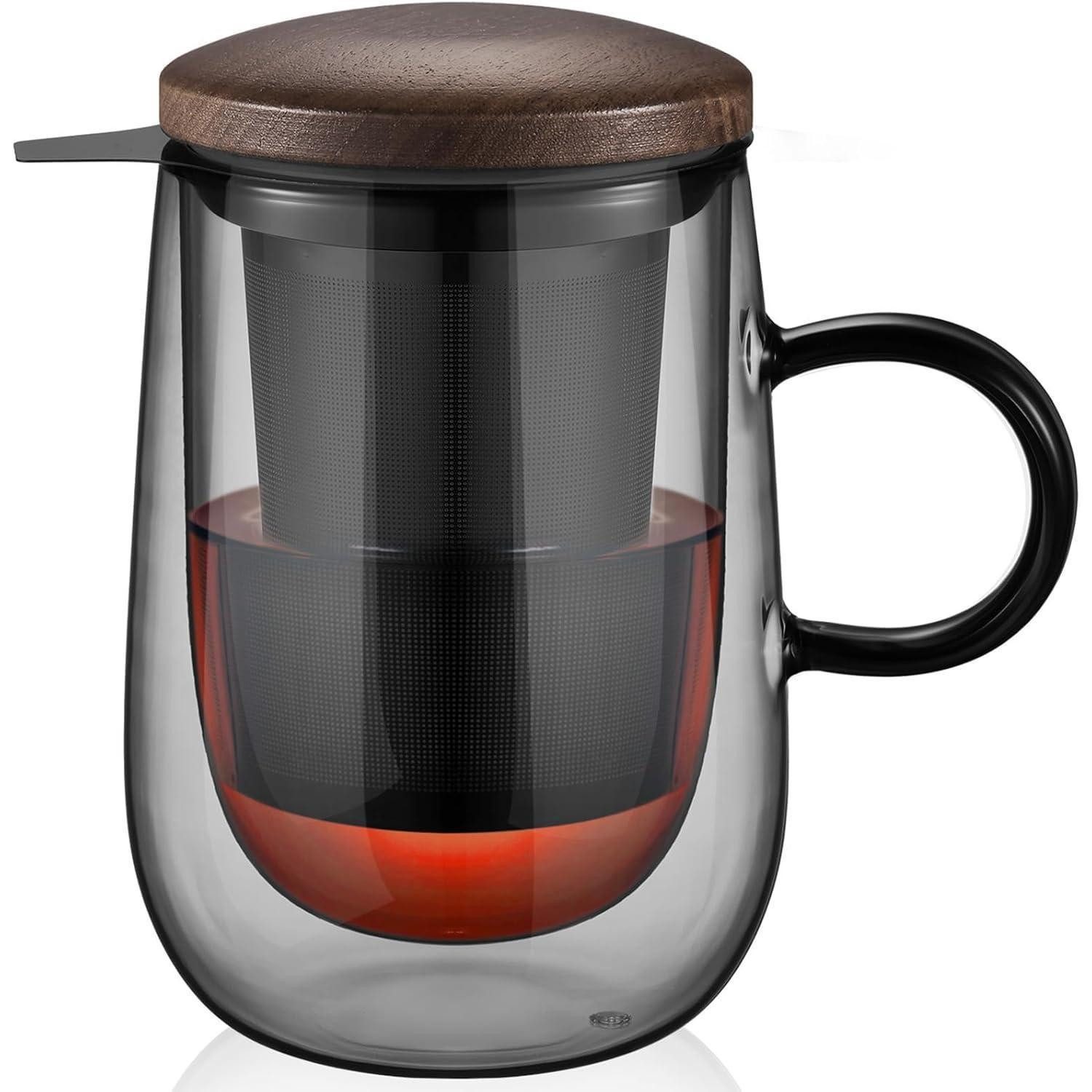 glastal Teeglas Doppelwandige Teetasse Borosilikatglas 430ml Schwarz mit Metallsieb