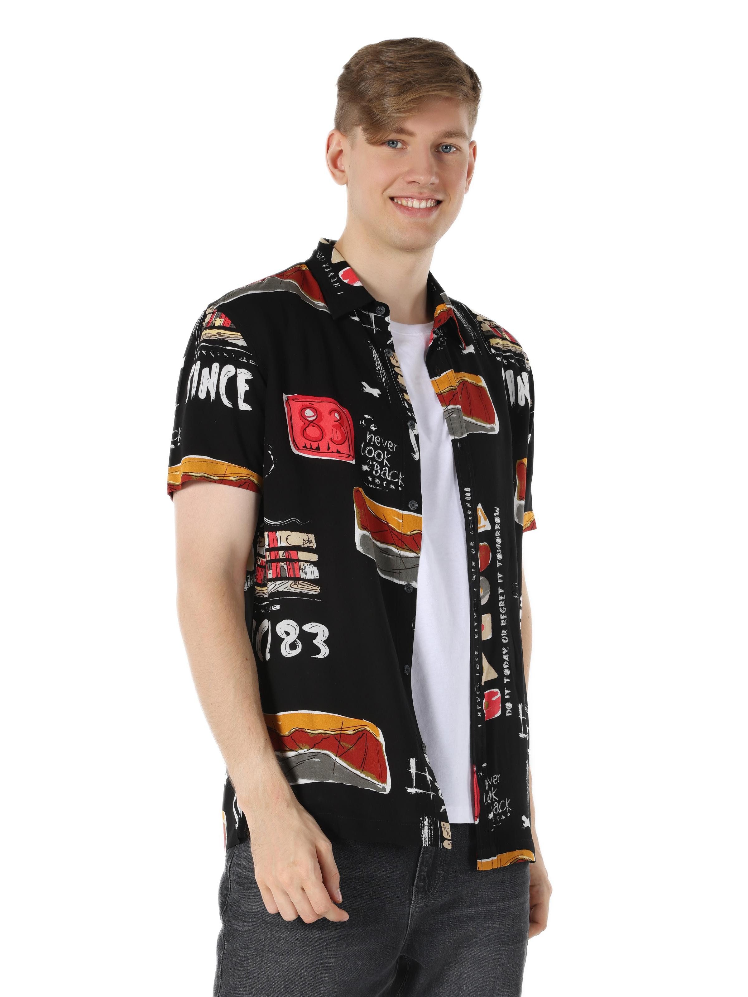 Colins Jeanshemd Colins Regular Fit Shirt Neck Printed Herren Kurzarmhemd