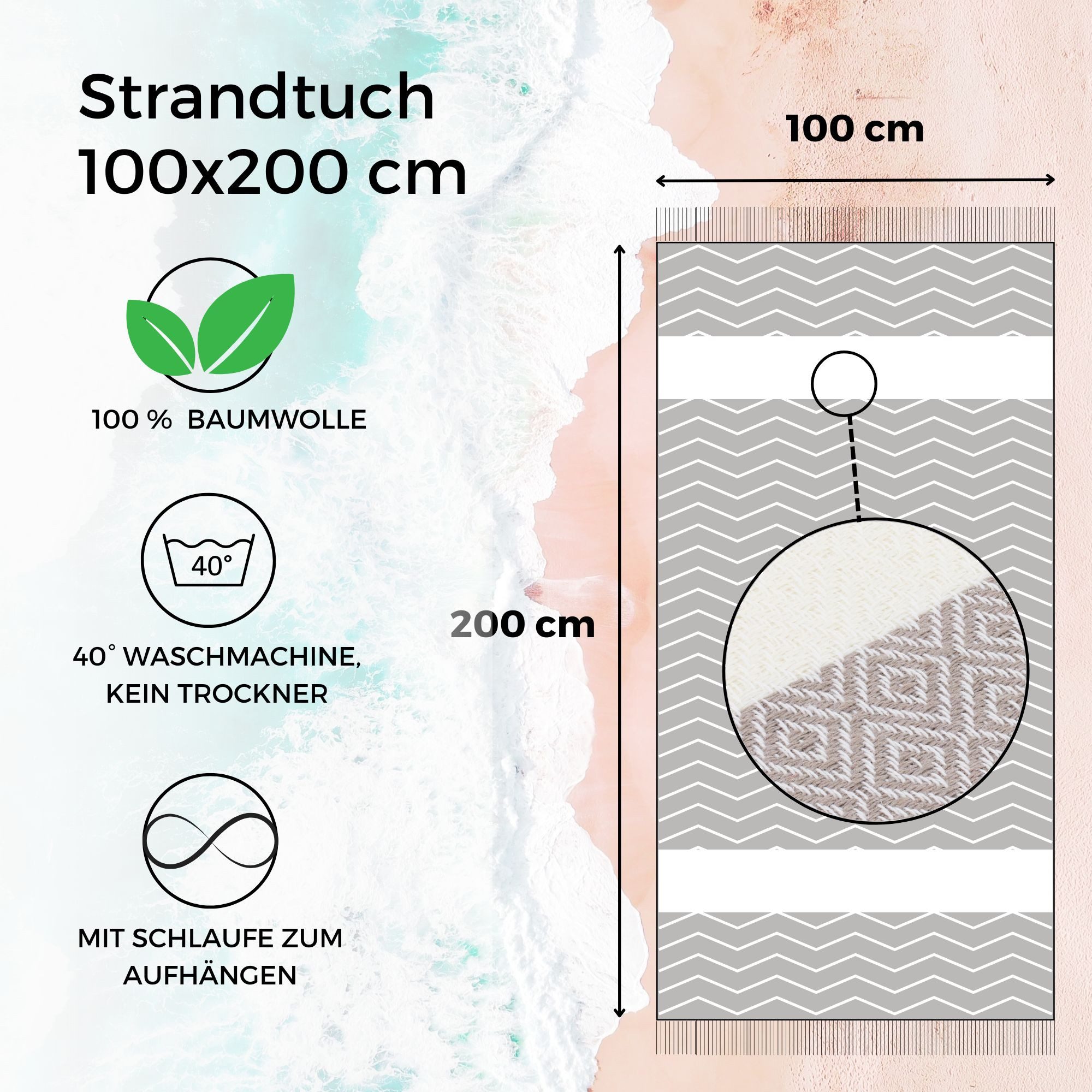 furora HOLIDAY Strandtuch groß 100x200 cm Strand Tuch, aus Baumwolle, Hamamtuch Badetuch, leicht, lang, dünn & kompakt – Bild 3 von 5