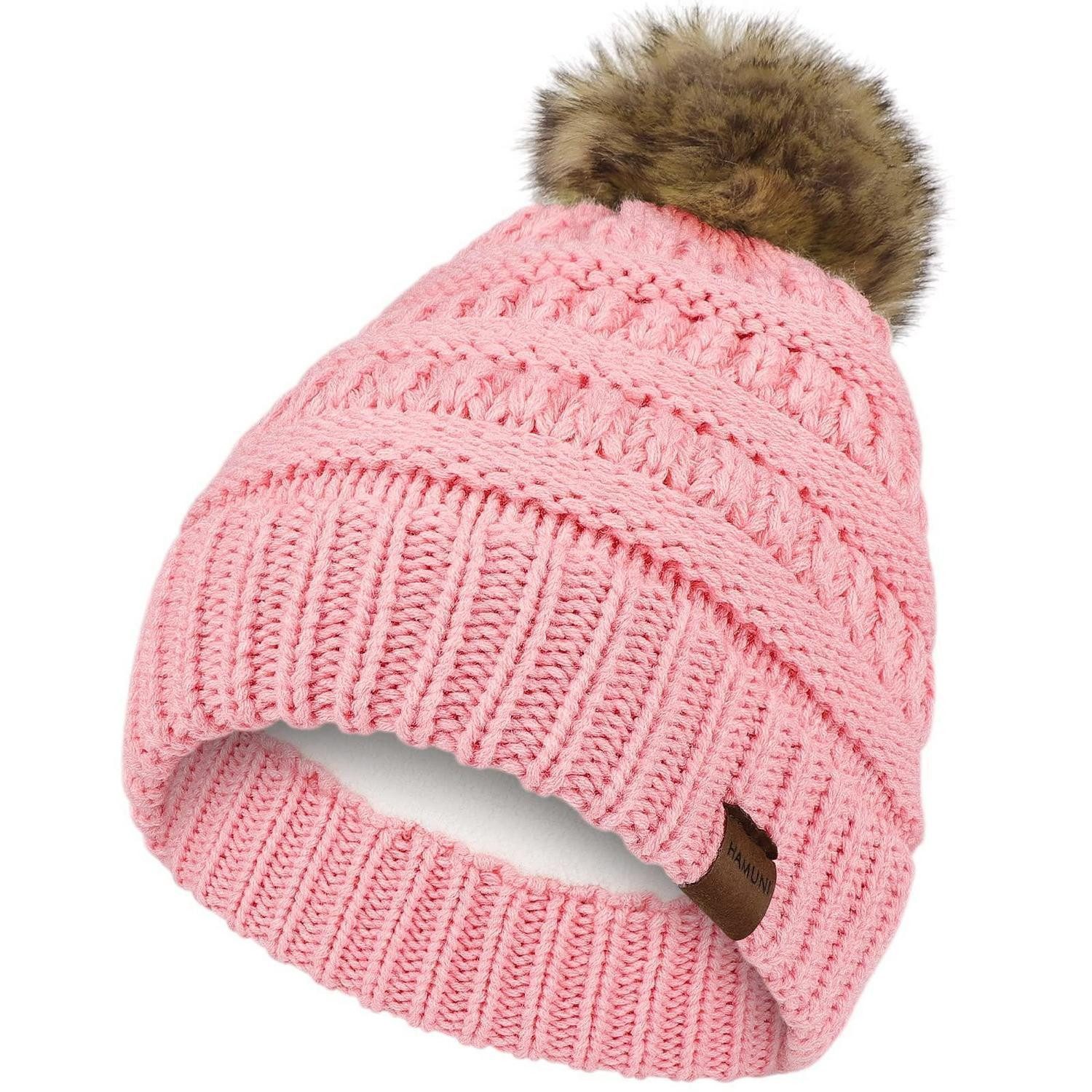 Strickmütze Mütze Strickmütze Beanie Damen Herren Fleece Innenfutter 01Rosa