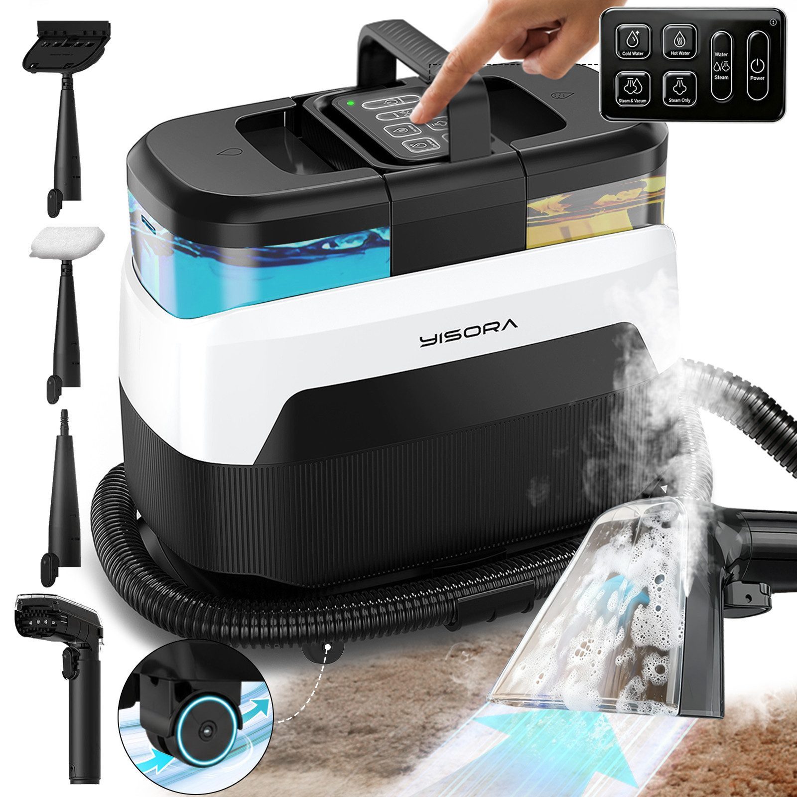 Grenintol Teppichreinigungsgerät,Waschsauger,Teppichreiniger,Polsterreiniger Gerät mit Dampferhitzung, 1650 W, Fleckenreiniger 35 KPA starke Saugleistung, Tiefenreinigung in vier Modi, Die Dampftemperatur ist verstellbar von 65℃ bis 100℃, Für Küchenfett, Teppiche, Polstermöbel, Sofas, Autos, Haustiere.