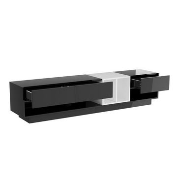 Celya TV-Schrank Farbblockierendes Design, Schubladen, Fächer, mehrere Stauräume Lowboard, Kombination in Hochglanz-Schwarz und Weiß