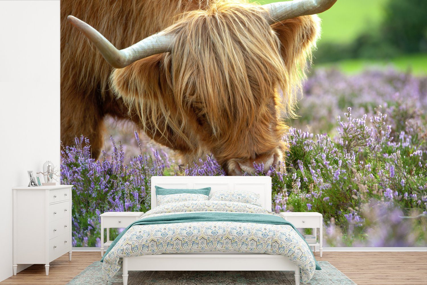 MuchoWow Fototapete Schottischer Highlander - Blumen - Kuhkopf, Matt, bedruckt, (6 St), Wallpaper für Wohnzimmer, Schlafzimmer, Kinderzimmer, Vinyl Tapete