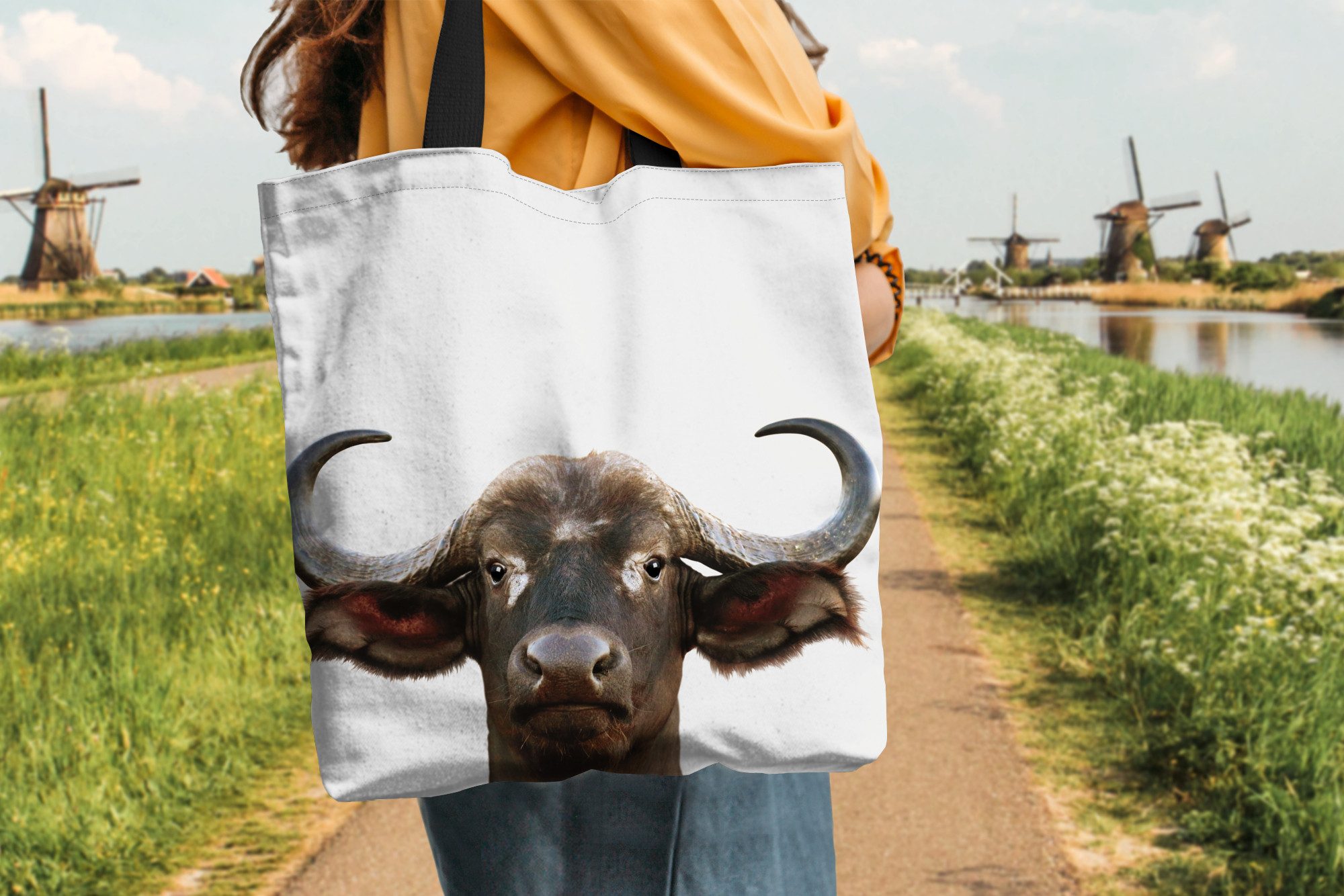 MuchoWow Shopper Büffel - Wasserbüffel - Kopf - Kuh - Hörner - Jungen - Mädchen, Handtasche, Damen und Herren, Schultertasche, Umhängetasche, Tote Bag