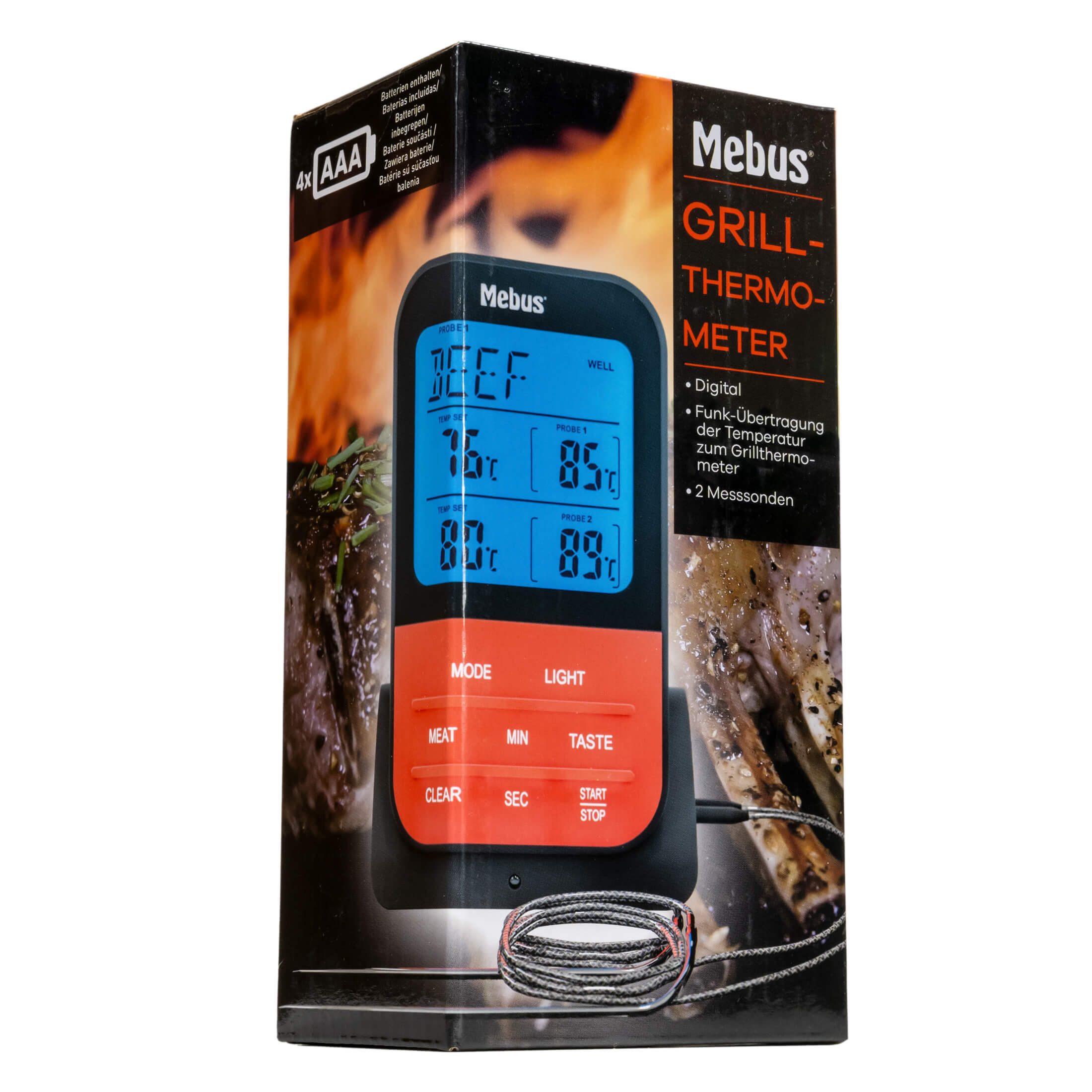 Mebus Grillthermometer Mebus Funk Grillthermometer digital für Fleisch Grill Braten, 2 Edelstahl Sonden, mit Sendestation. Funk-Übertragung
