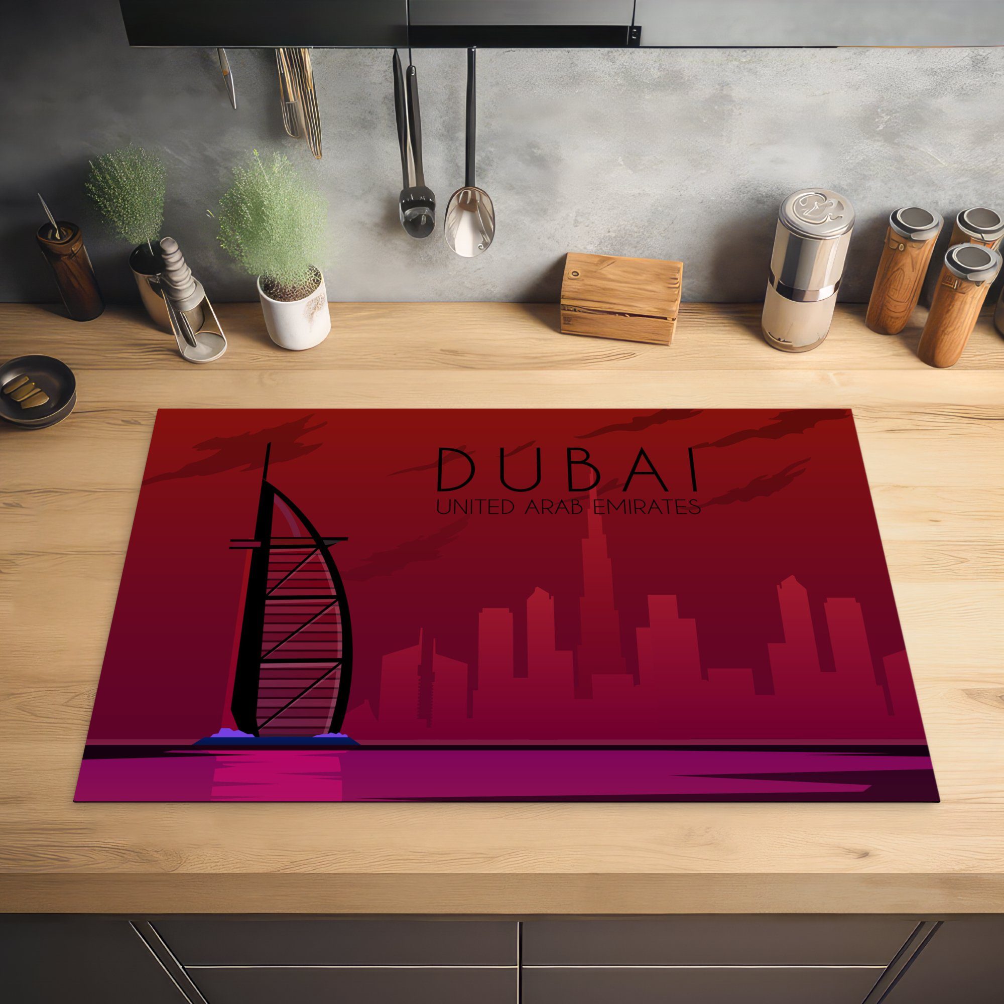 Stadt Dubai, Herdblende-/Abdeckplatte für (1 die der 81x52 tlg), MuchoWow Induktionskochfeld küche, Illustration Vinyl, cm, Ceranfeldabdeckung Schutz Vereinigte Emirate, Arabische