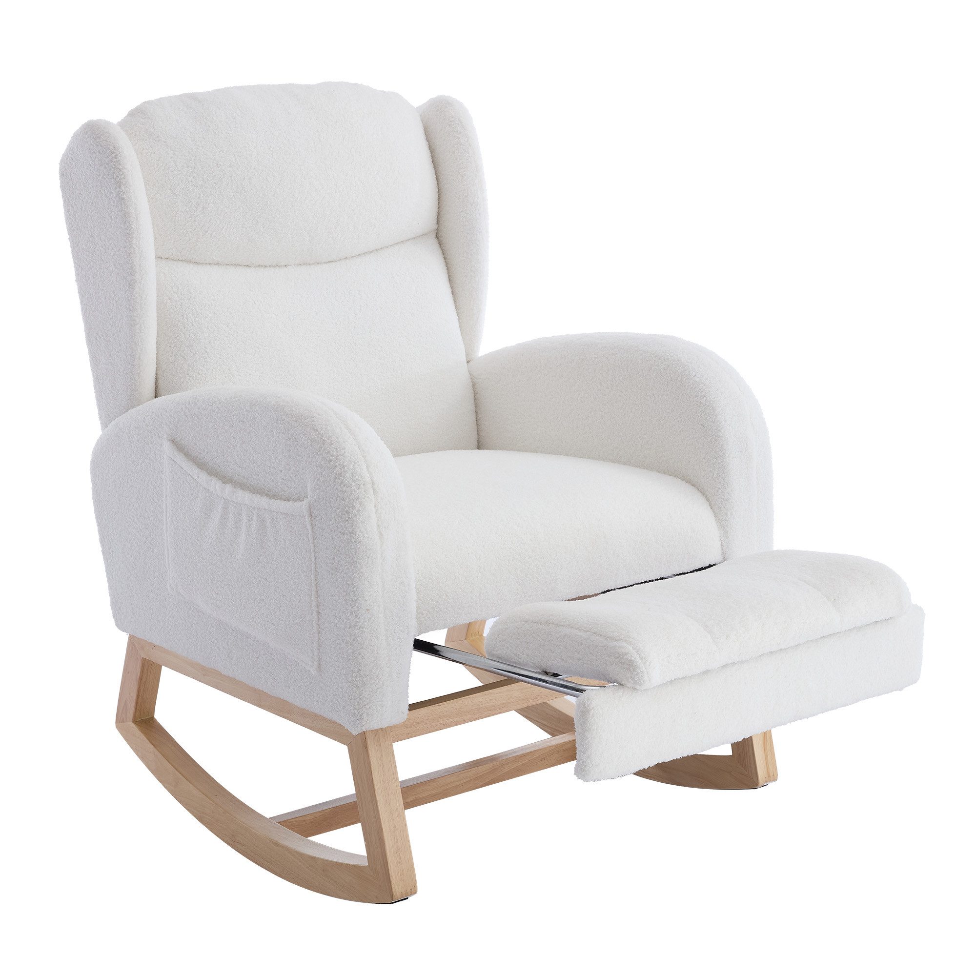 MODFU Schaukelstuhl Lounge-Sessel im modernen Design (mit Teddy-Stoff, verstellbare Fußstütze & Holzgestell)
