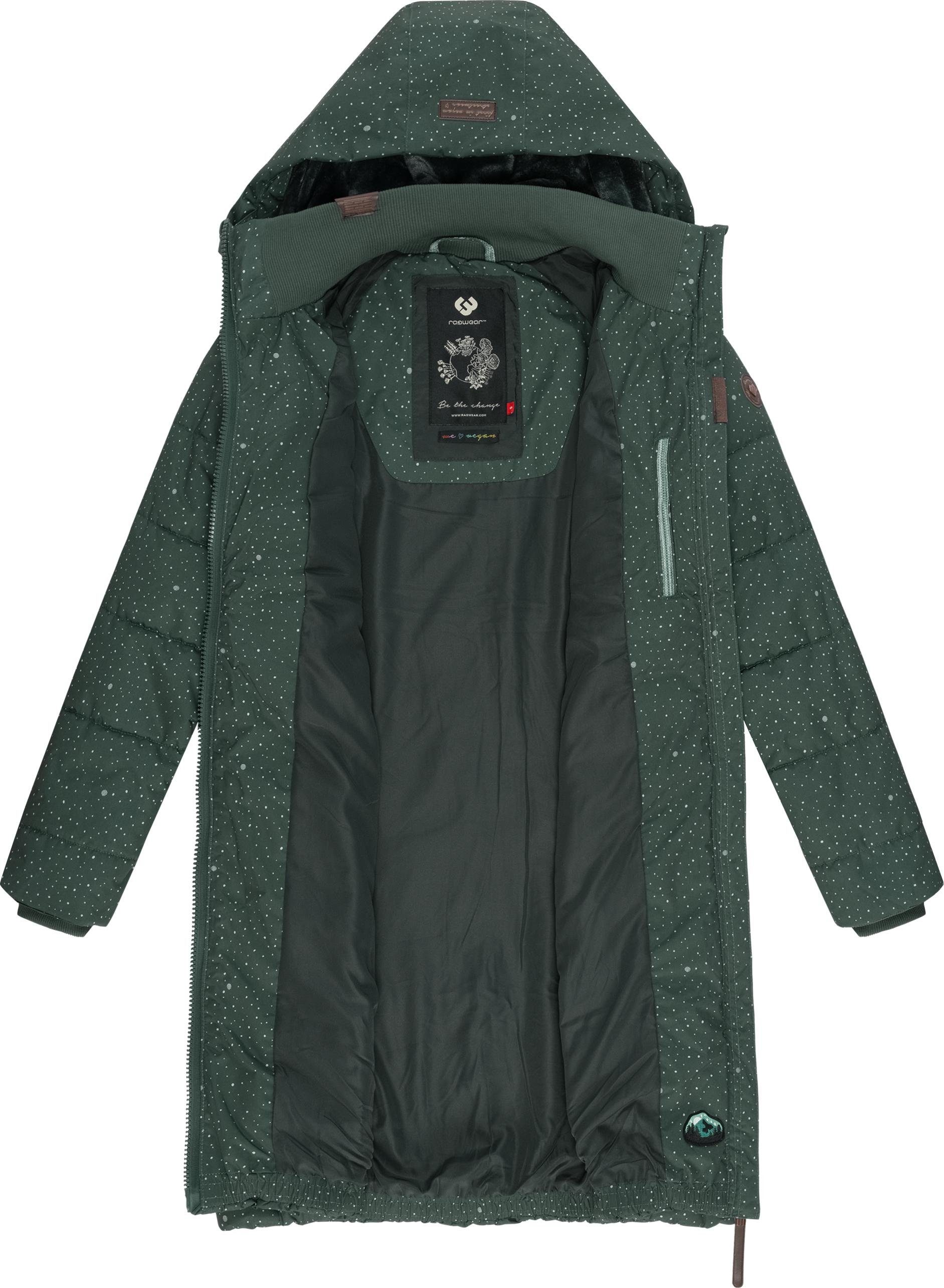 Winterparka Coat Dizzie mit Ragwear Print stylischer, dunkelgrün Steppmantel gesteppter Kapuze