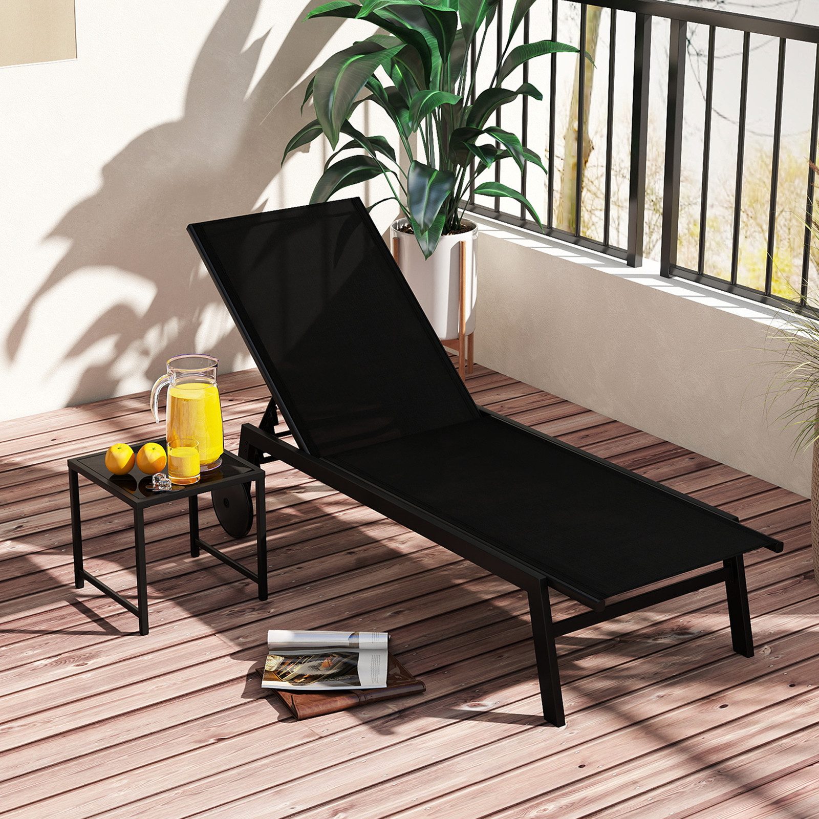 COSTWAY Gartenliege, 2 St., Liegestuhl-Set verstellbar mit Tisch, Rollen