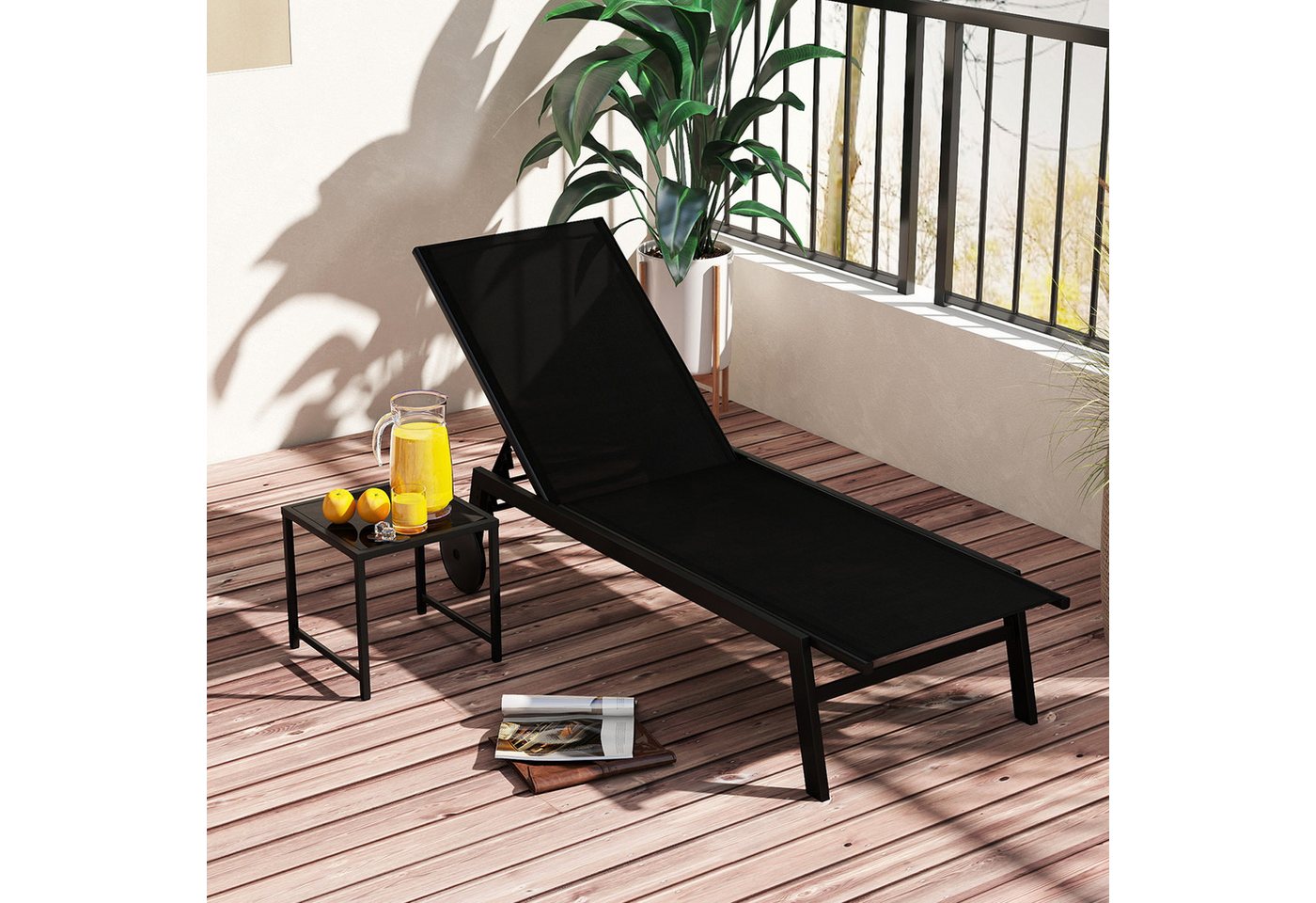 COSTWAY Gartenliege, 2 St., Liegestuhl-Set verstellbar mit Tisch, Rollen