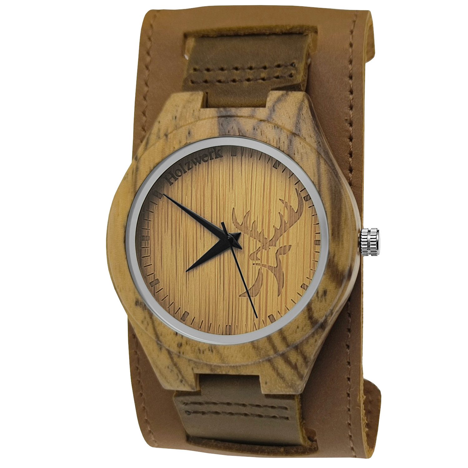 Holzwerk Quarzuhr KEMBERG breite Damen & Herren Leder und Holz Uhr, Hirsch Logo, braun KEMBERG