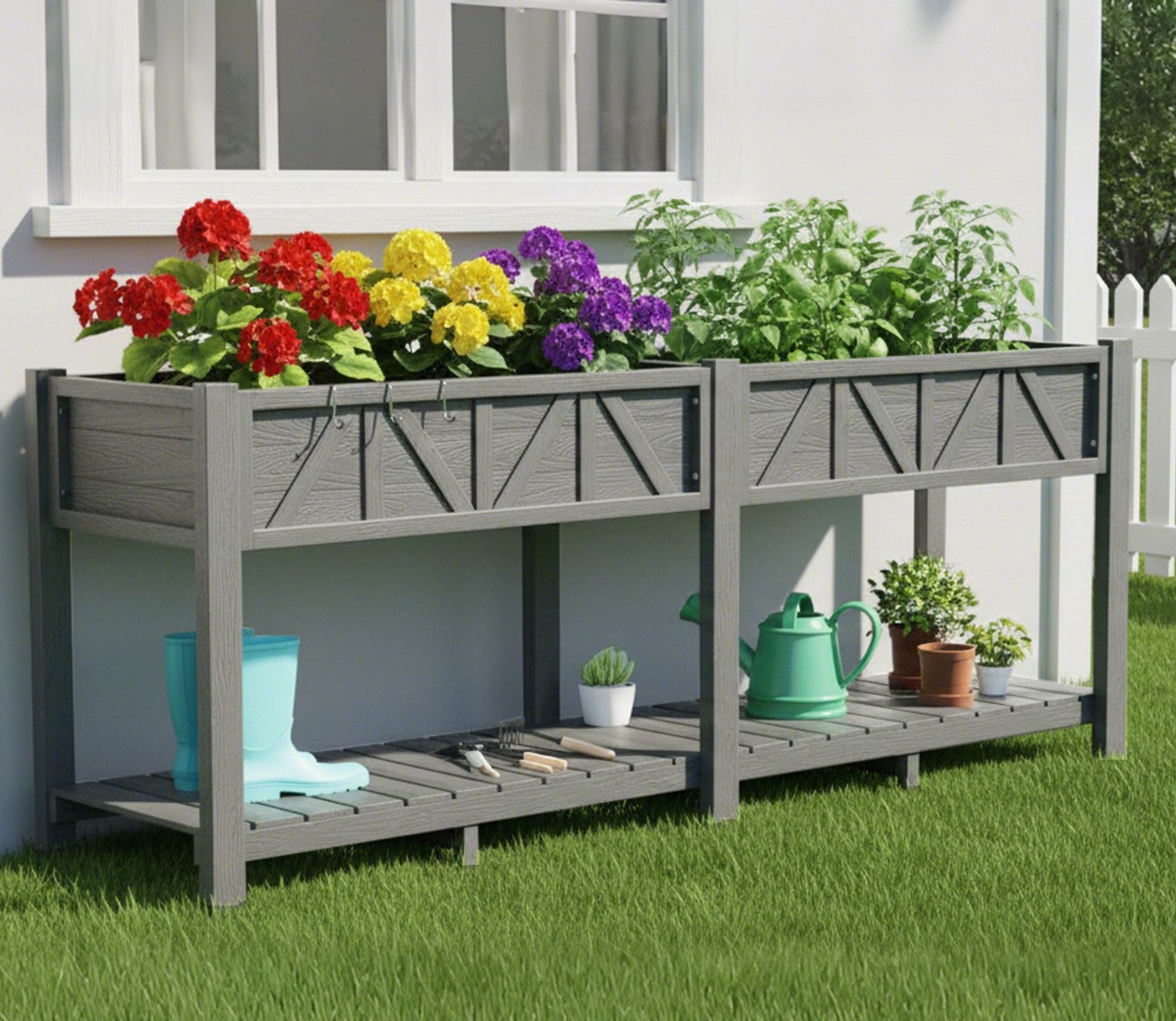 Hongsuny Hochbeet Pflanzgefäß mit Stauraum, 6 Haken & 2 Vlieseinlagen, 183×44×73cm (1 St), aus HIPS‑Materia, für Garten, Balkon und Terrasse