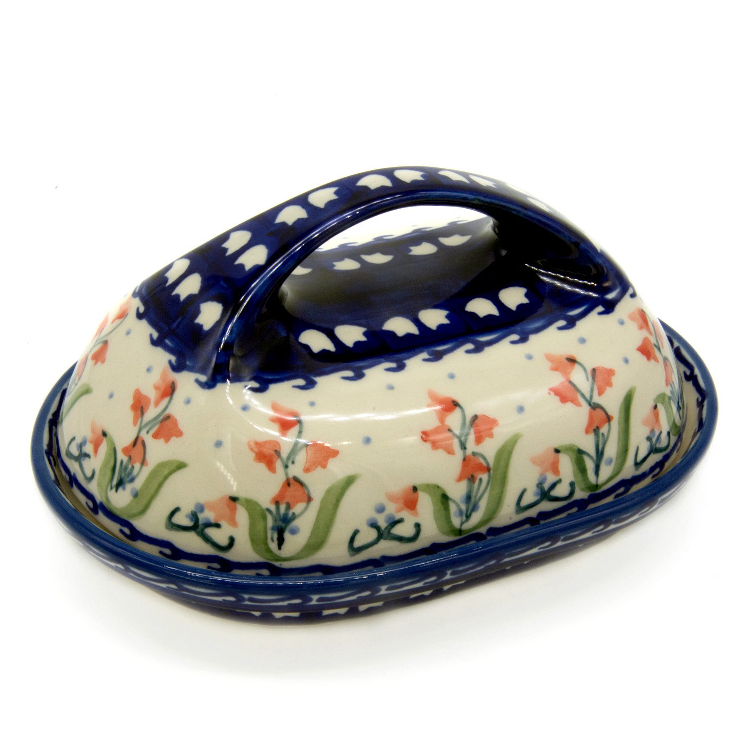 Bunzlauer Keramik Manufaktura Butterdose oval mit großem Griff, Unterteil und Deckel oval geformt, großer Griff.