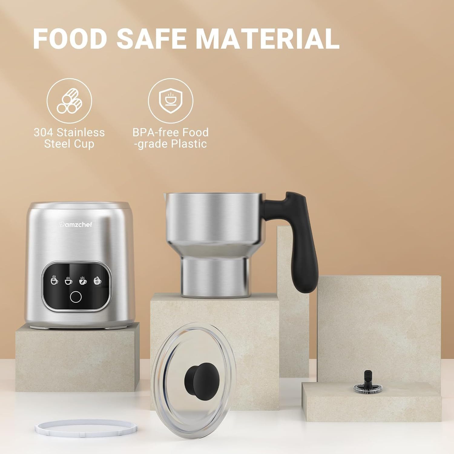 AMZCHEF Milchaufschäumer CE-MMF-10OT02-SV, 550,00 W, 4-IN-1 Milchaufschäumer Elektrisch 550W 400ML Cappuccino und Mokka