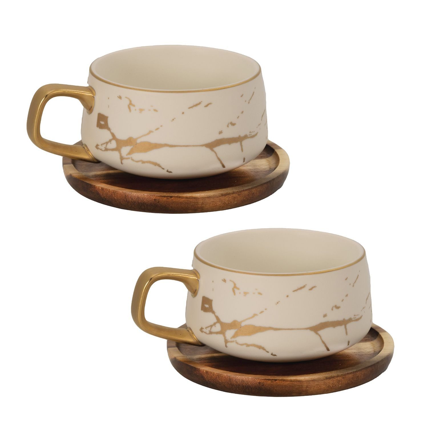 Intirilife Tasse, Keramik, Tassen Set Keramik 200 ml Kaffeetasse Teetasse Holz Untersetzer Becher