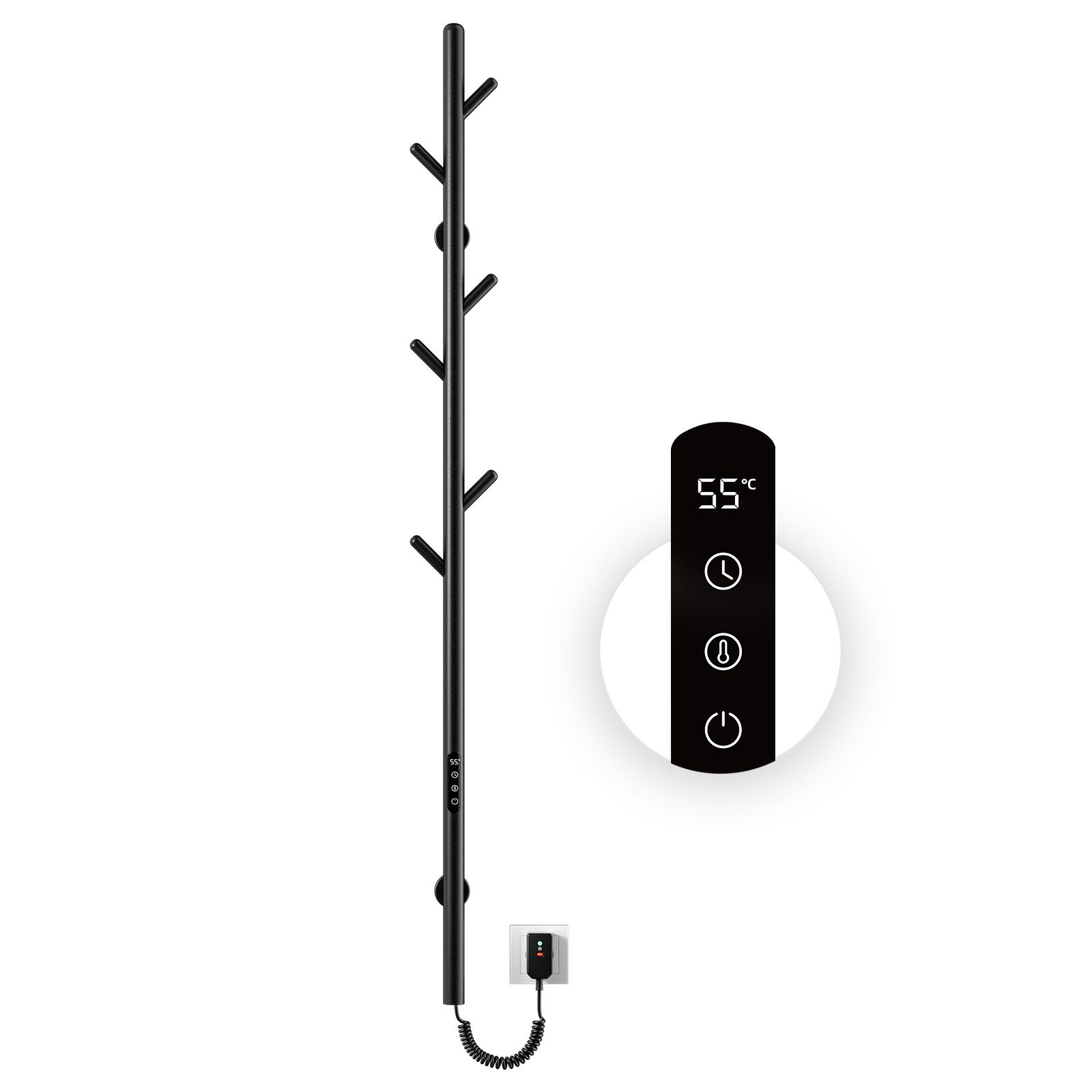 Oihpaw Elektrischer Badheizkörper 1530 x 32 mm Elektrischer Handtuchtrockner mit Baumart,mit 6 Haken