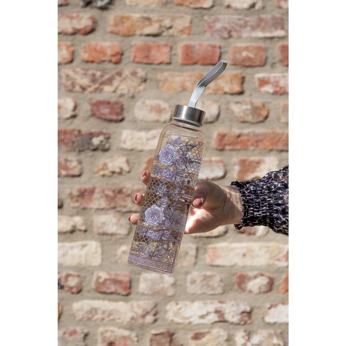 Clayre & Eef Trinkflasche Romantische Glasflasche 650 ml – Blumenwasserflasche - Clayre & Eef
