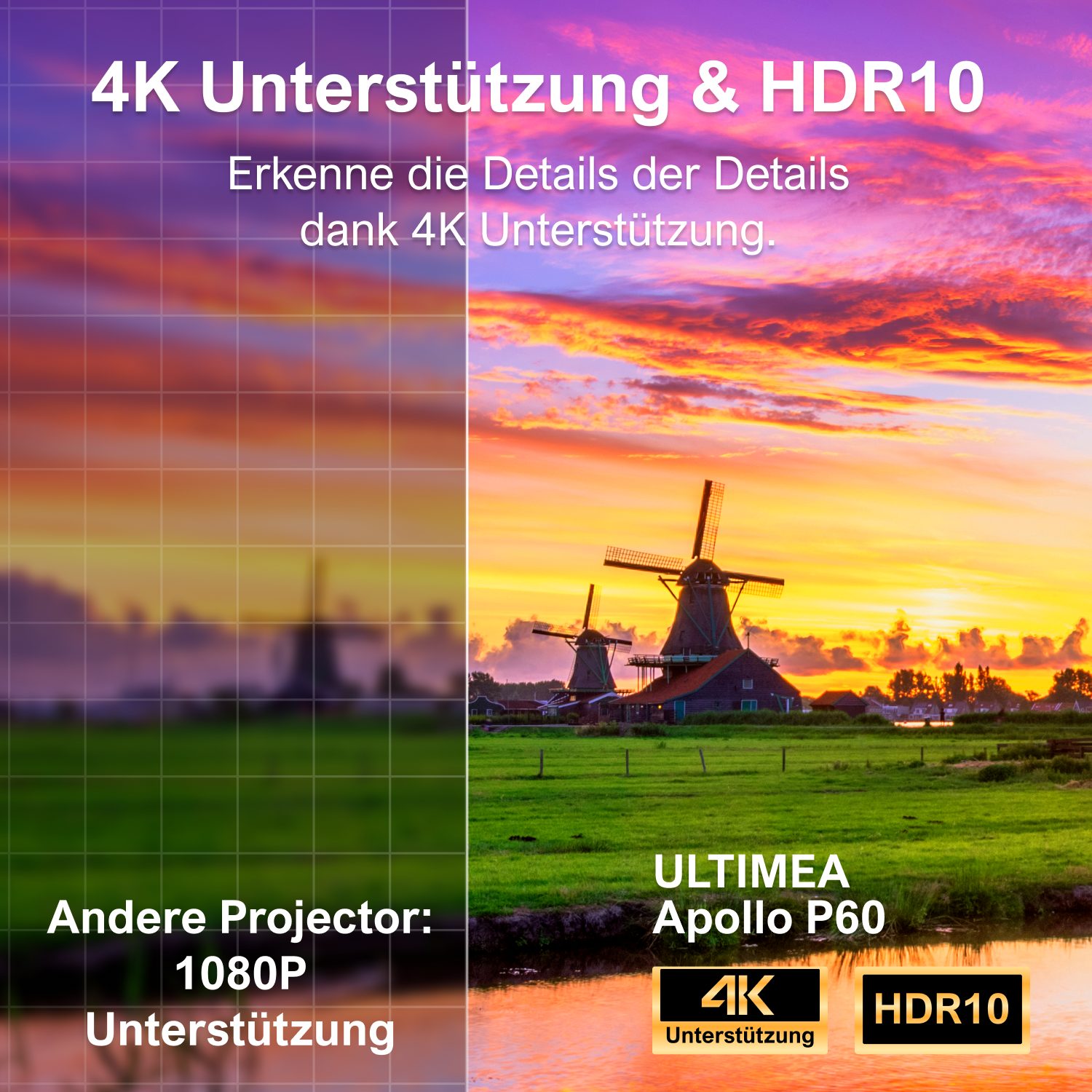 Ultimea Apollo P60 Native 1080P Projektor WiFi Bluetooth LED-Beamer (27000 lm, 1500:1, 1920 x 1080 px, Hindernisvermeidung, Bildschirmausrichtung, 6D Trapezkorrektur)