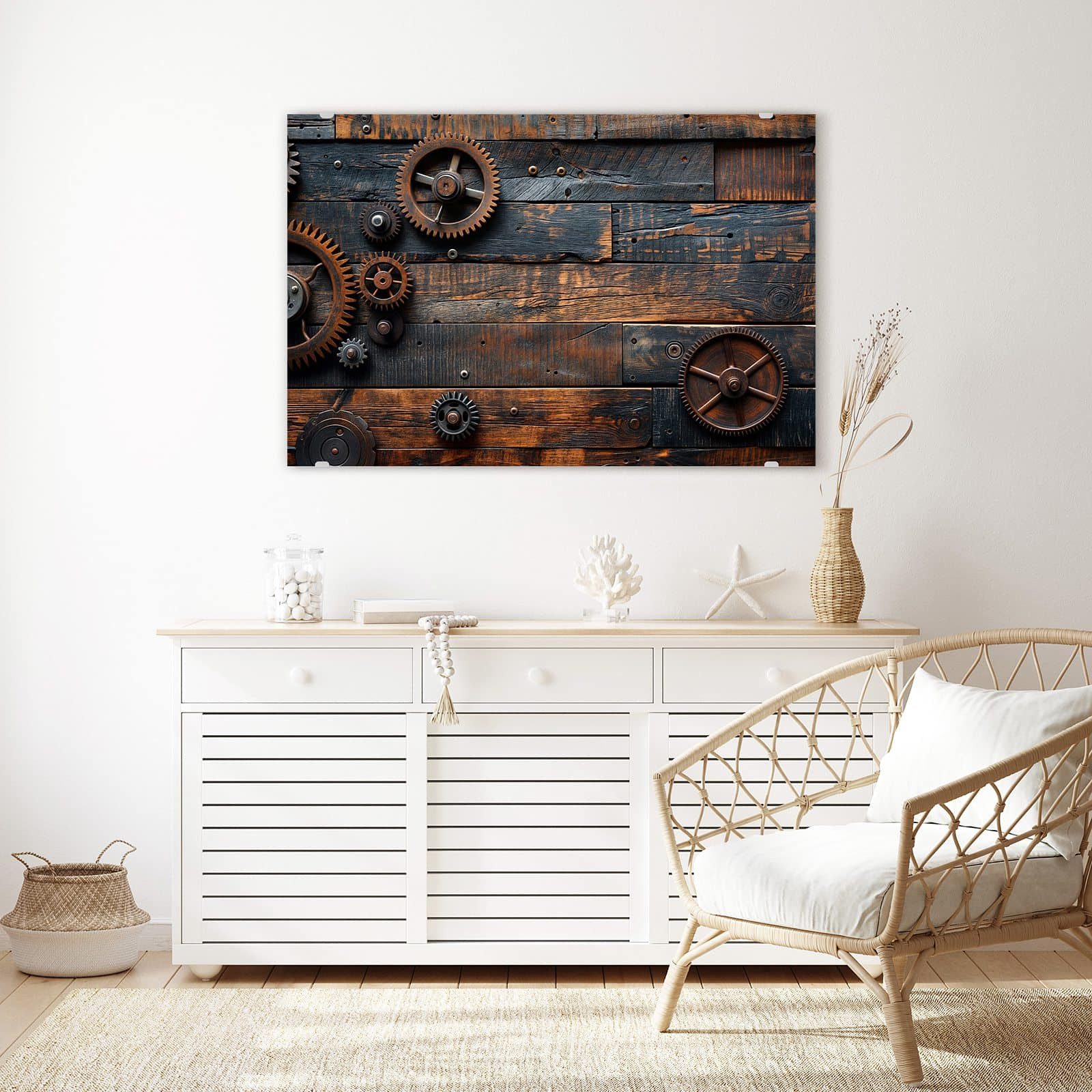 Primedeco Glasbild Wandbild Holz und Zahnräder mit Aufhängung, Holz (21 verschiedene Größen, 1 St), Elegante Aufhängung