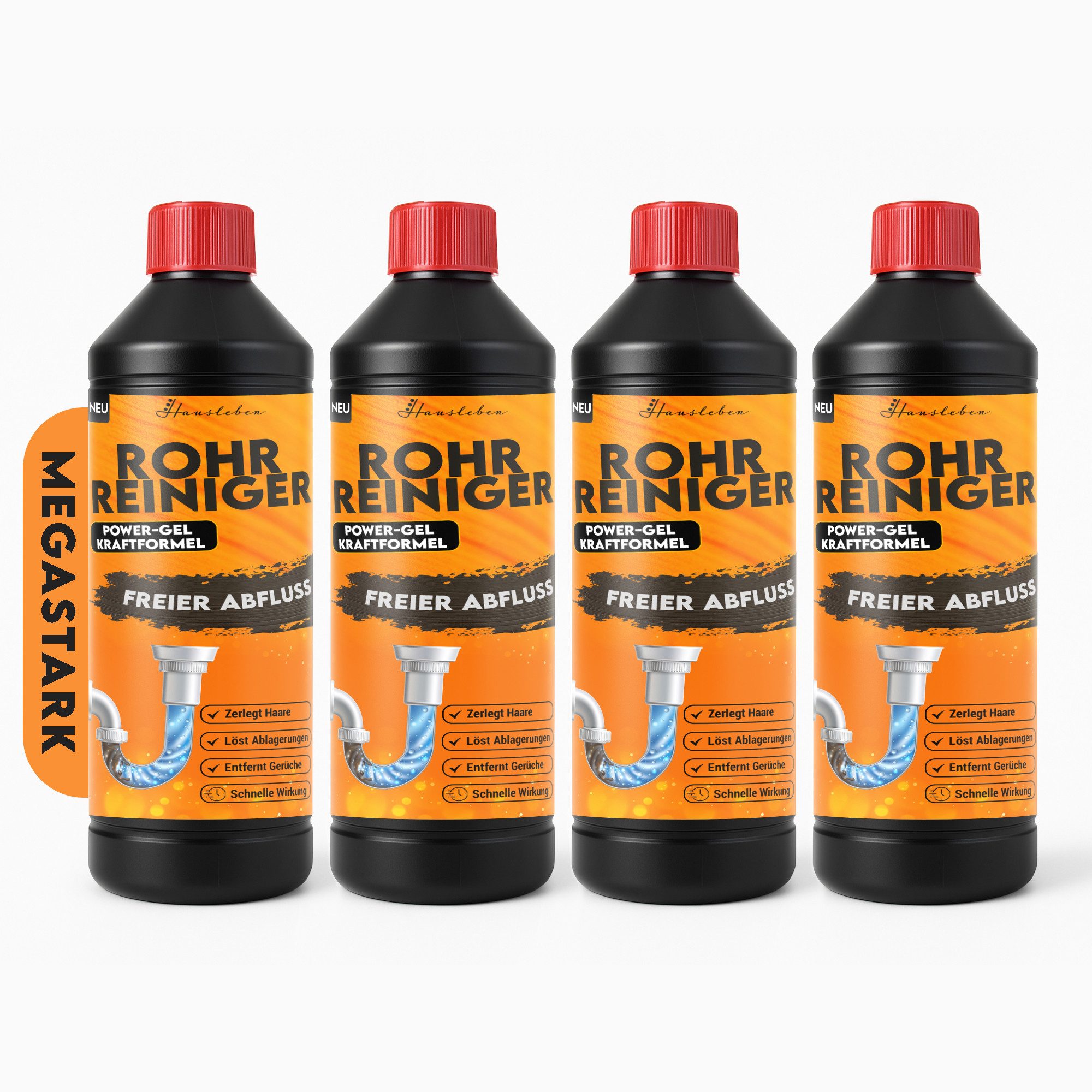 hausleben Abflussreiniger EXTRA STARK-Rohrreiniger Power-Gel gegen Haare Rohrreiniger (4-St. 4x1000ml Fett & Verstopfungen für Küche, Bad, Dusche und Abflussfrei)