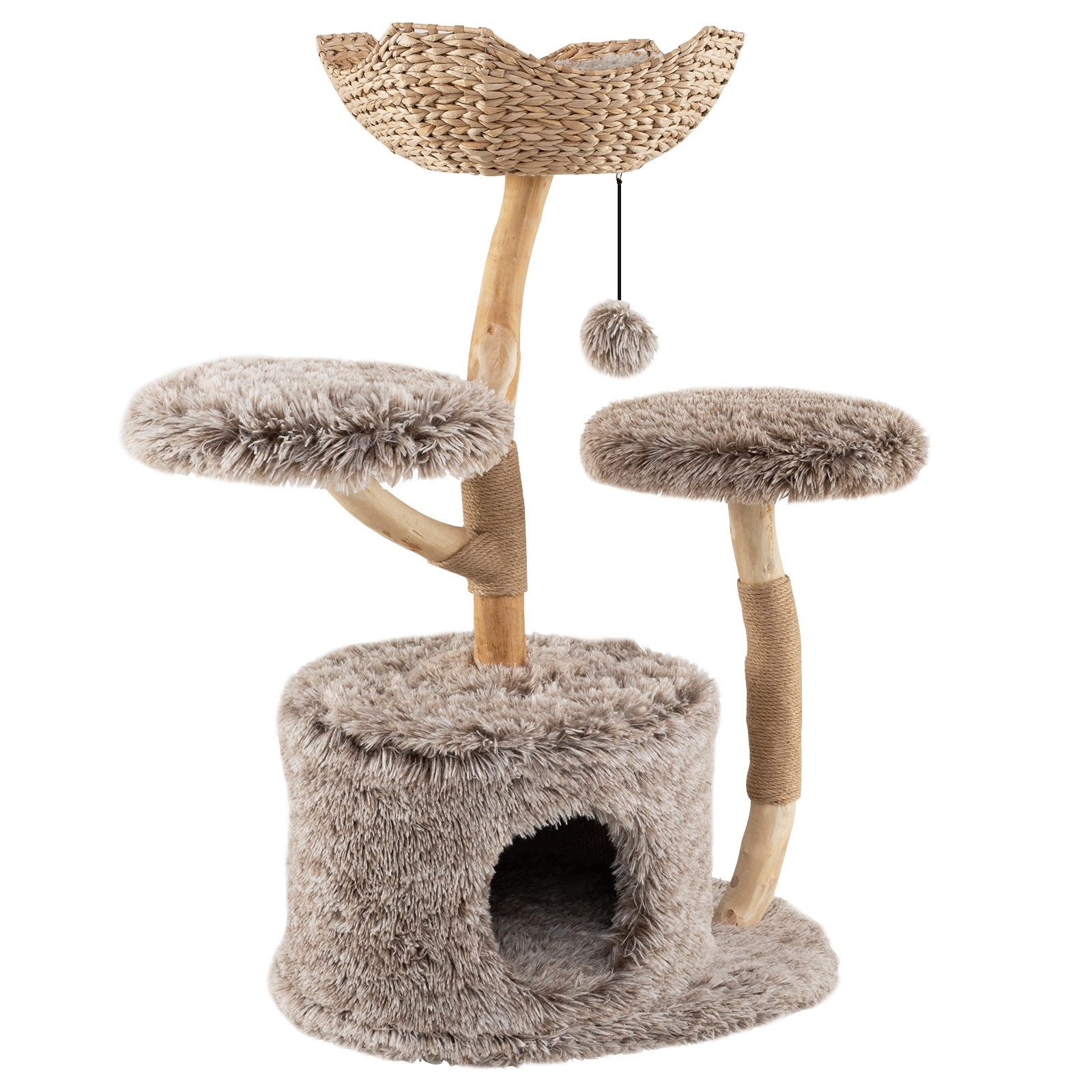 COSTWAY Kratzbaum, Katzenbaum mit Plüschsitz, Katzenhöhle, Massivholz, 105cm hoch