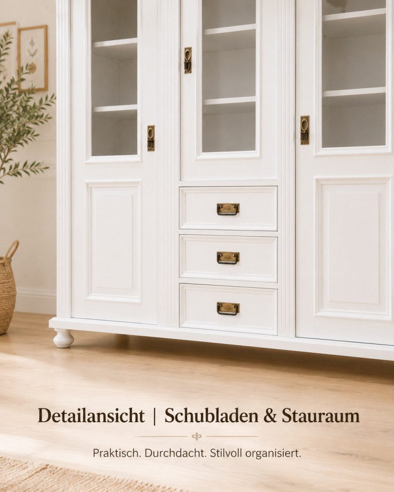 Wohnpalast Vitrine Premium Jugendstil Vitrine aus Weichholz – Landhaus-Stil, graubeige la