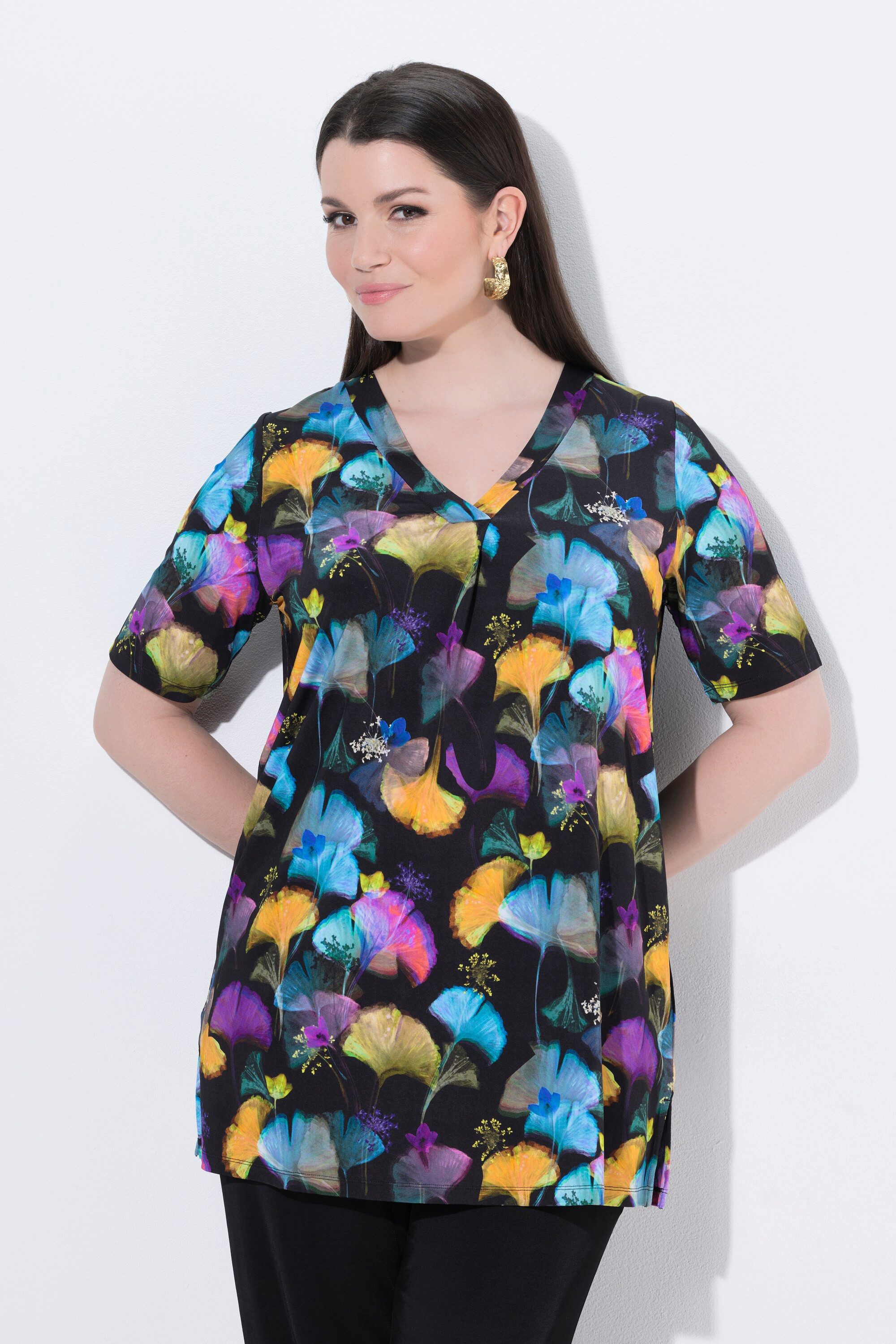 T-Shirt Slinky-Longshirt Ginkgo A-Linie V-Ausschnitt