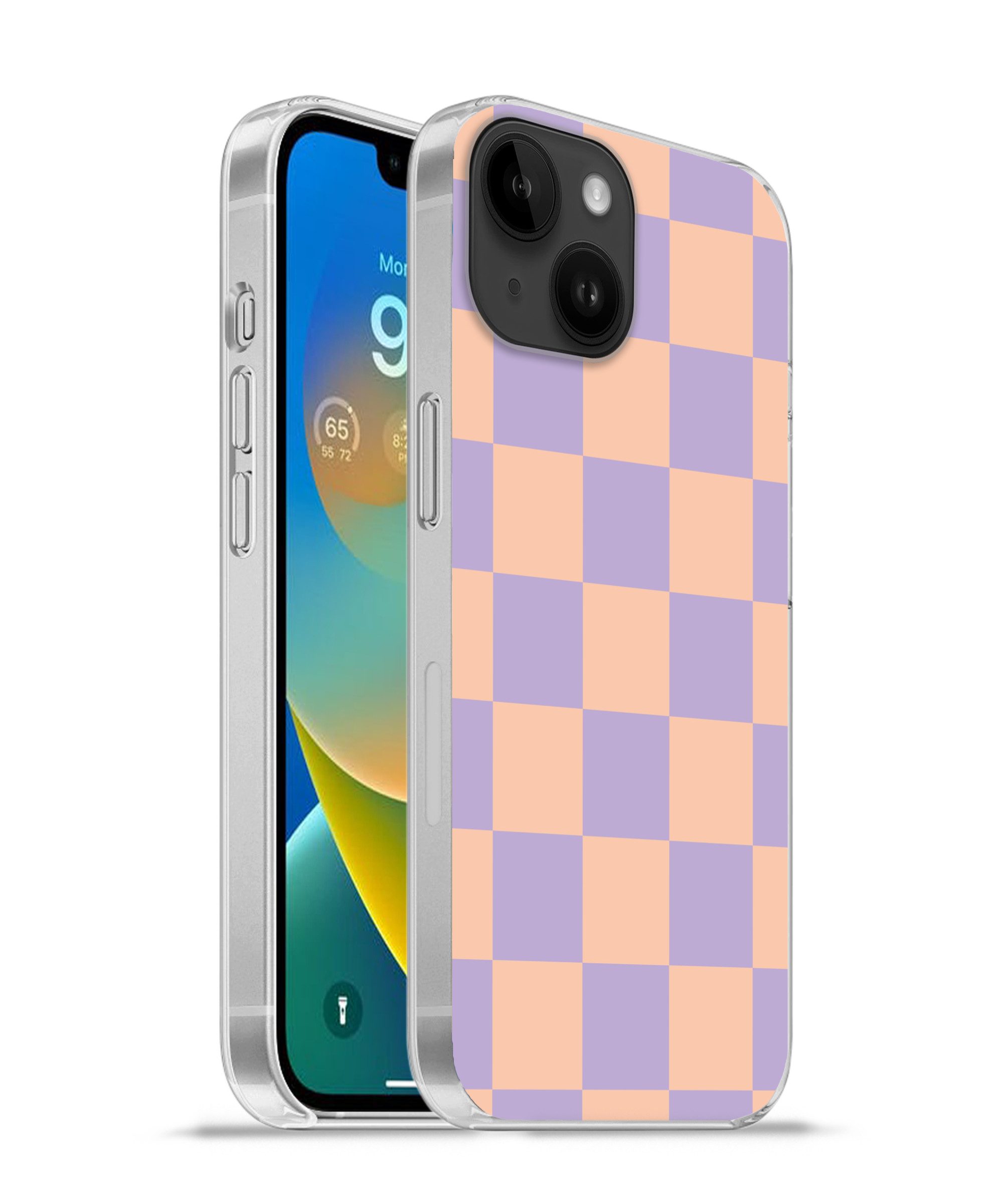 MuchoWow Handyhülle für Apple iPhone 14 Schachbrettmuster - Lila - Rosa - Würfel, Smartphone-Bumper, Print, Handy Schutzhülle Dünn