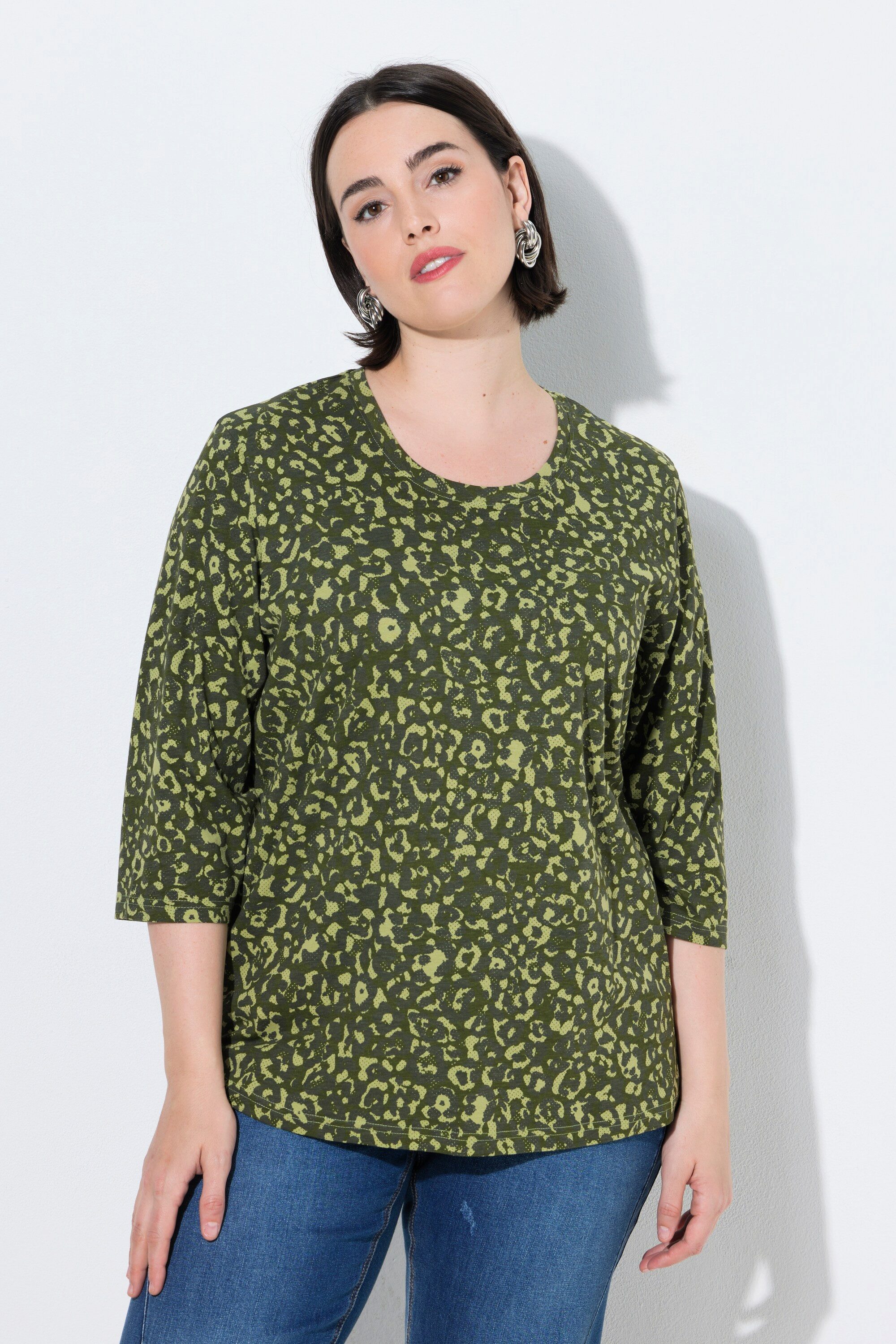 Ulla Popken T-Shirt Shirt Leomuster Rundhalsausschnitt 3/4-Arm
