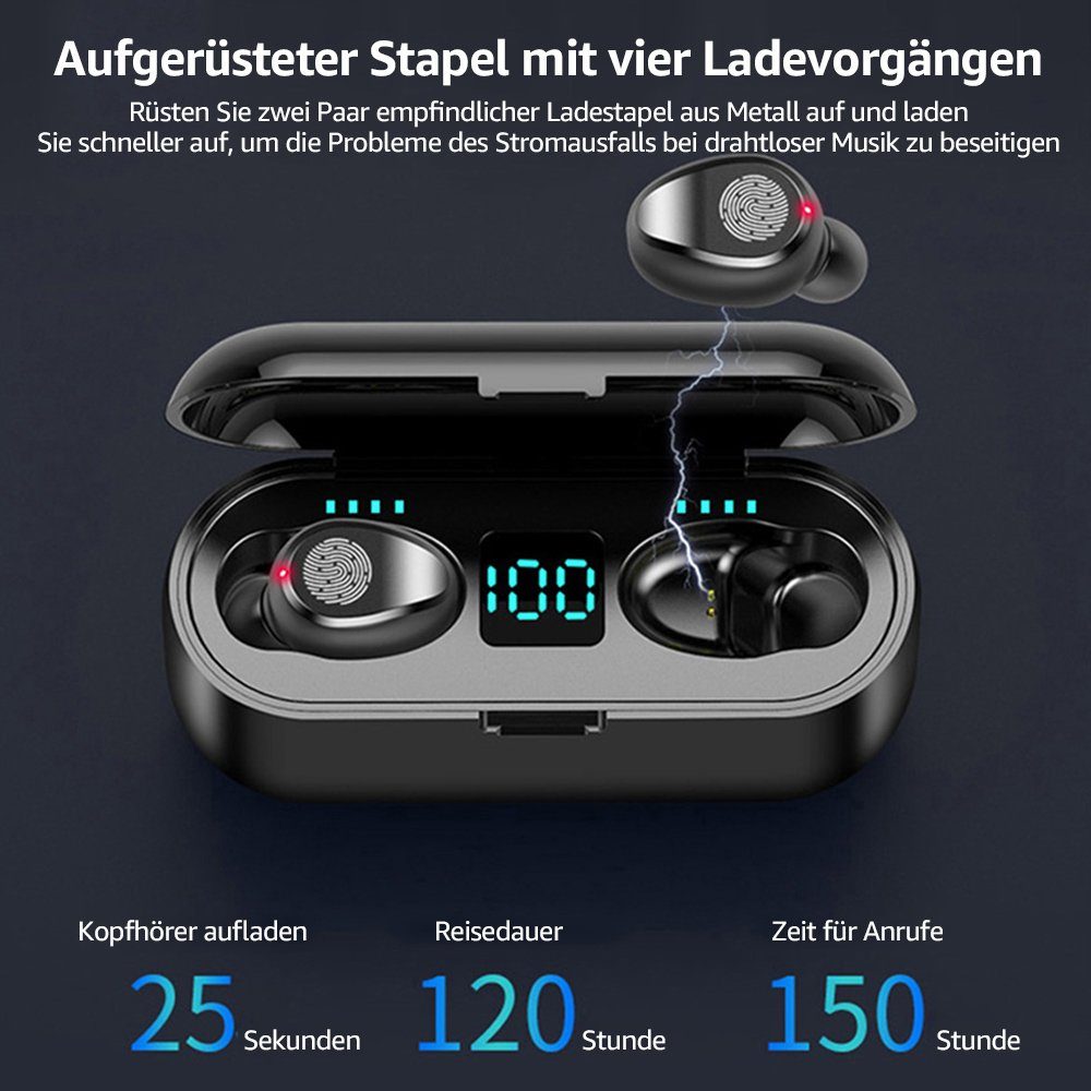 Bluetooth-Kopfhörer Wireless Anzeige) mit Freisprechfunktion, Assistent, True Schwarz In-Ear-Kopfhörer Greensky F9, (Siri, Google Noise-Cancelling, LED