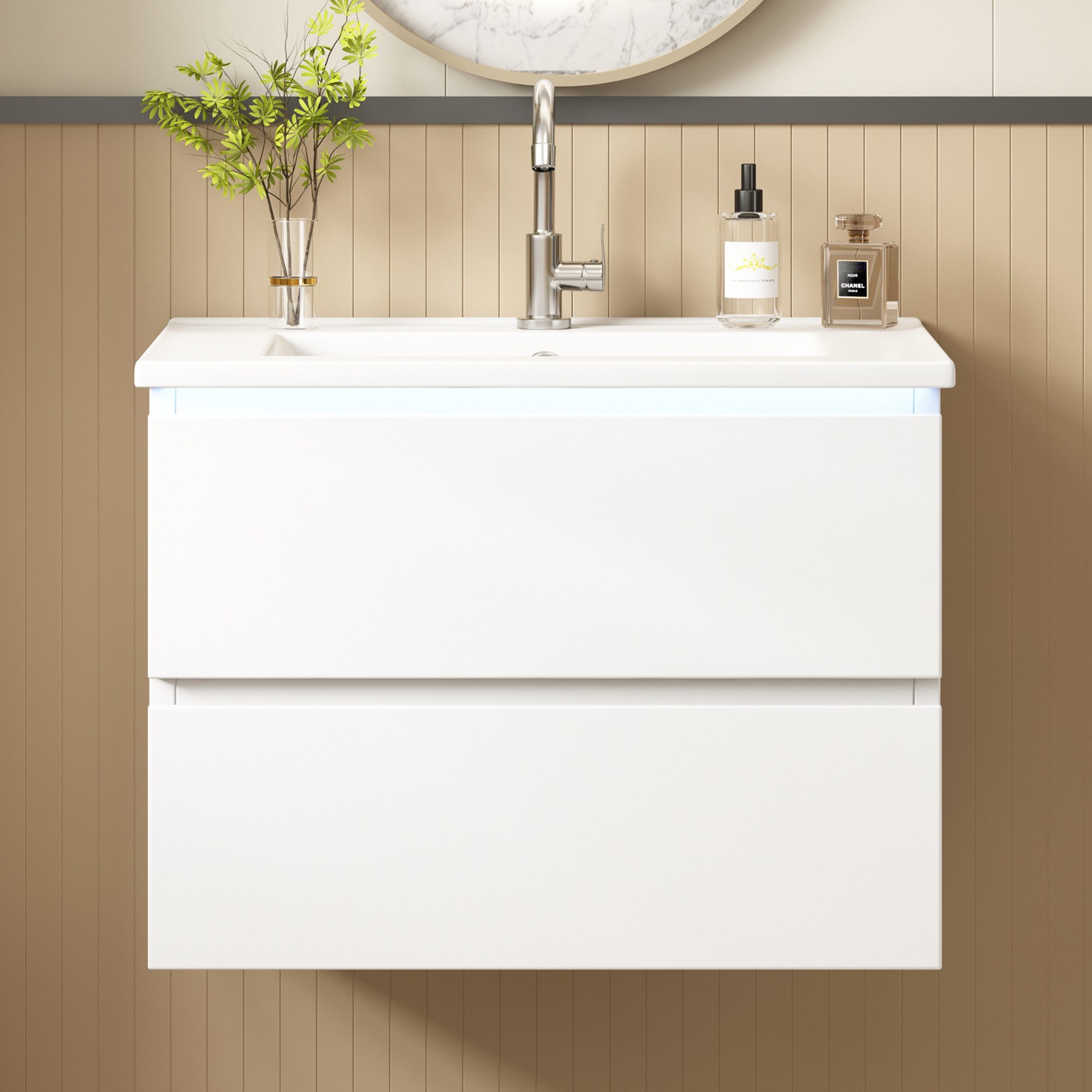 Flieks Waschtisch mit LED-Radarsensor und 2 Schubladen Badmöbel-Set, wandhängend (B61/T46/H45 cm, 1-St., Volllackierung, Badschrank mit Led-Beleuchtung Waschplatz Badzimmer), Waschbeckenunterschrank inkl. Waschbecken Badzimmerschrank Weiß