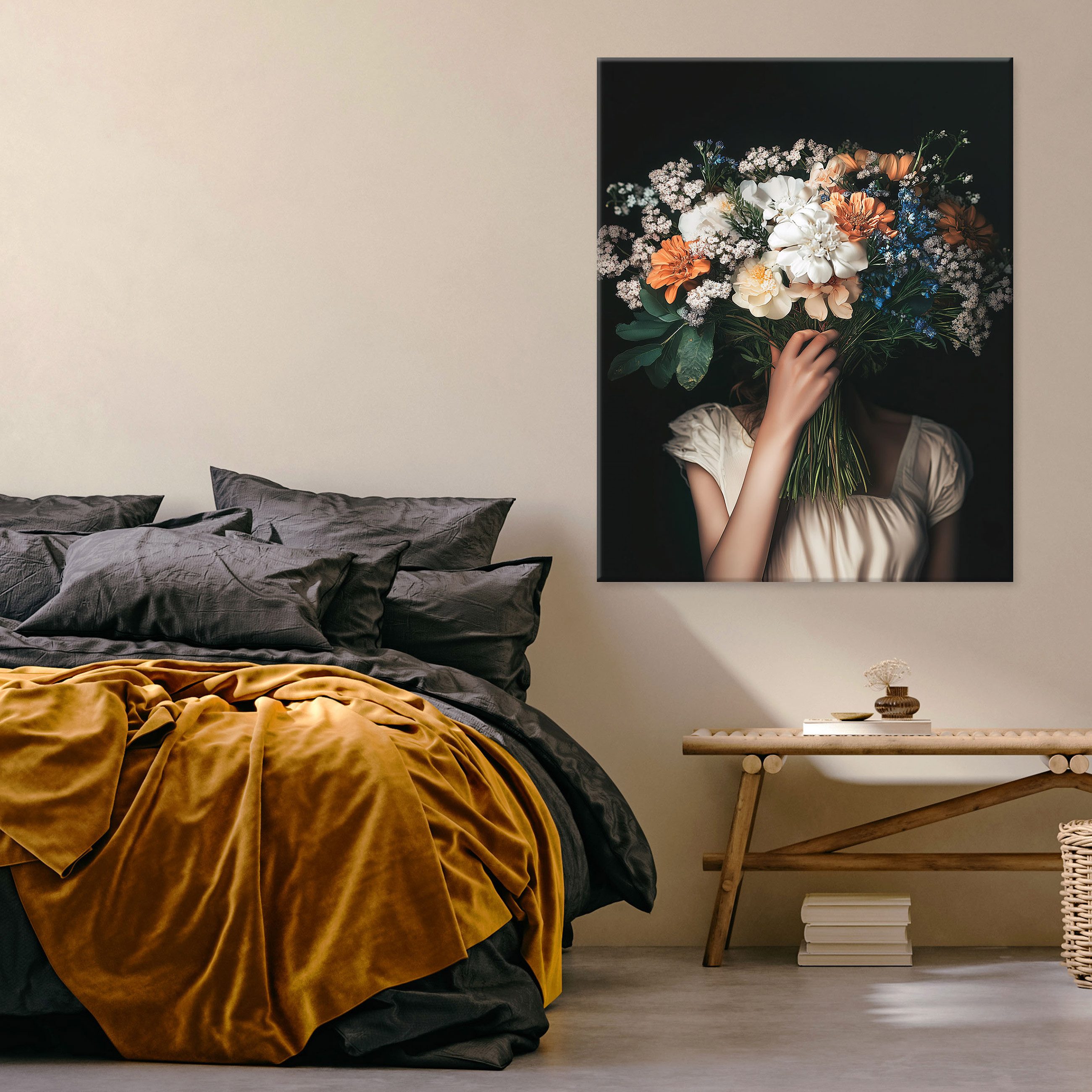 Wallarena Leinwandbild Frau Blumen Weiß Natur günstig online kaufen