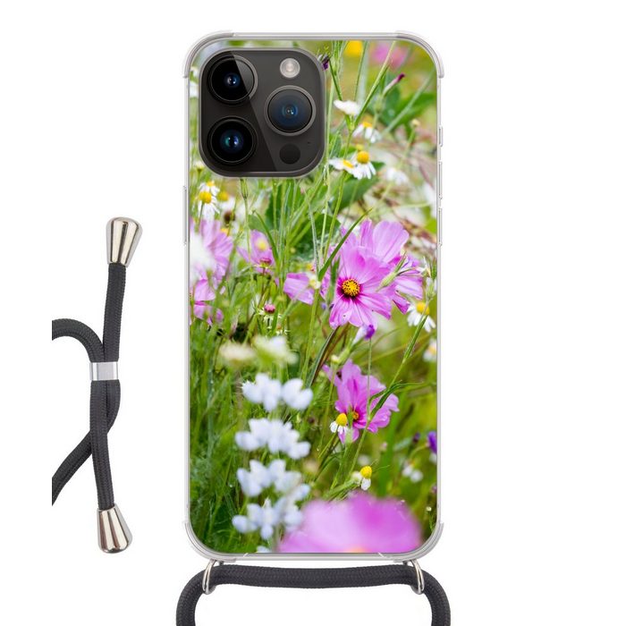 MuchoWow Handyhülle Blumen - Natur - Grün - Gras - Lila - Weiß Handyhülle Telefonhülle Apple iPhone 14 Pro
