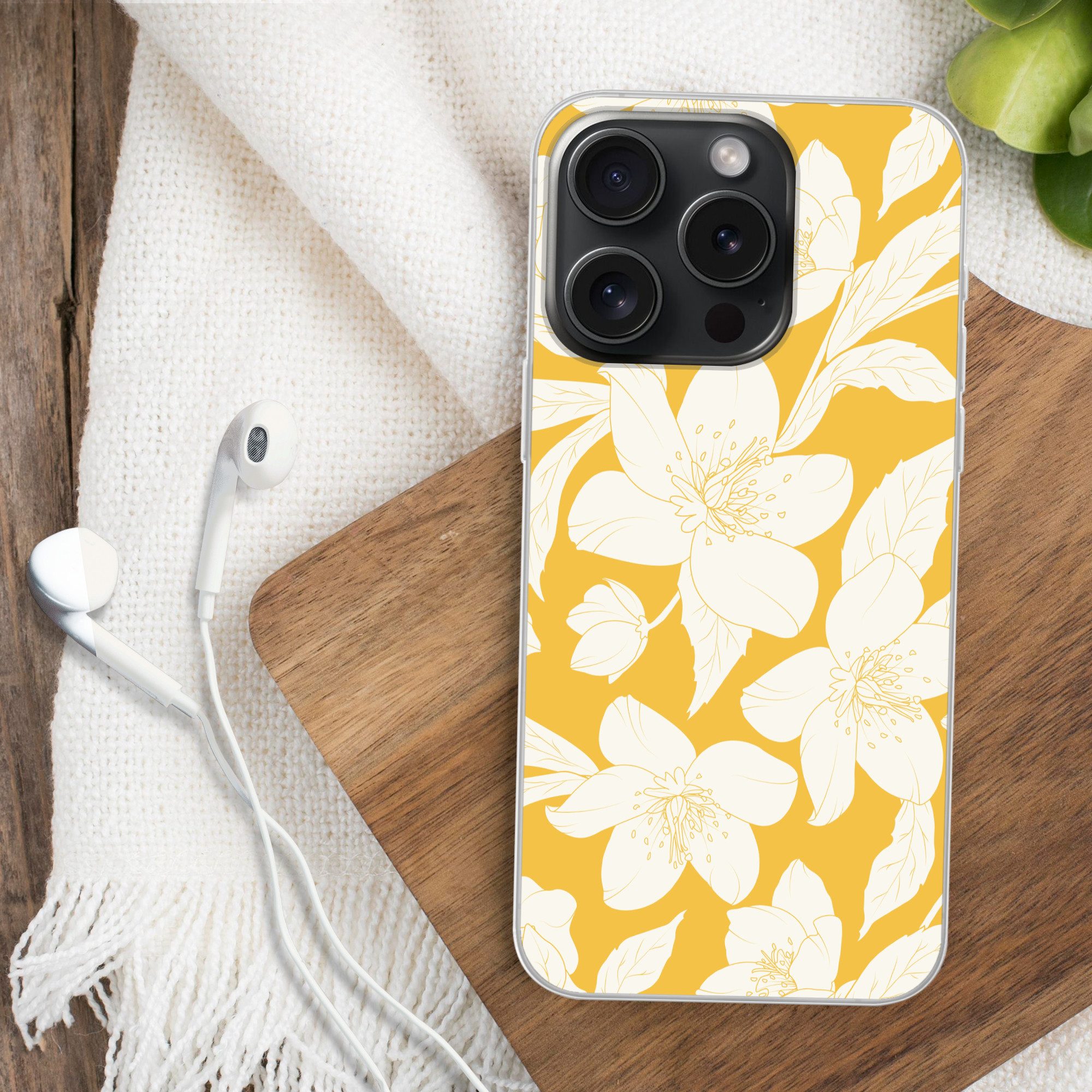 MuchoWow Handyhülle für Apple iPhone 15 Pro Blumen - Muster - Gelb - Weiß, Smartphone-Bumper, Print, Handy Schutzhülle Dünn
